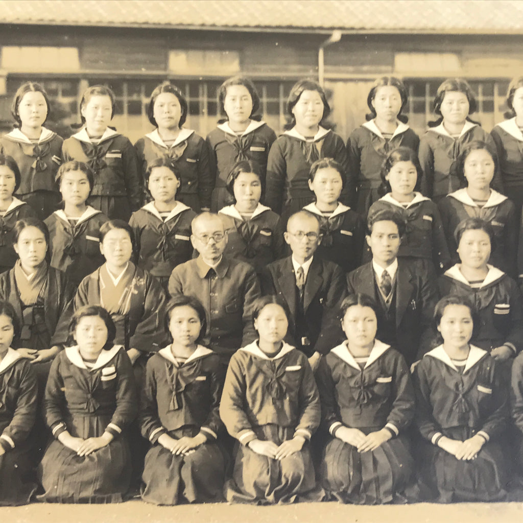 Japanese Showa Girls' School Class Photograph Group Student Uniform Sepia PH79