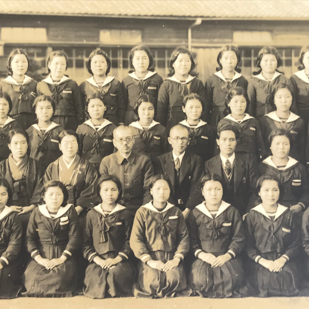 Japanese Showa Girls' School Class Photograph Group Student Uniform Sepia PH79