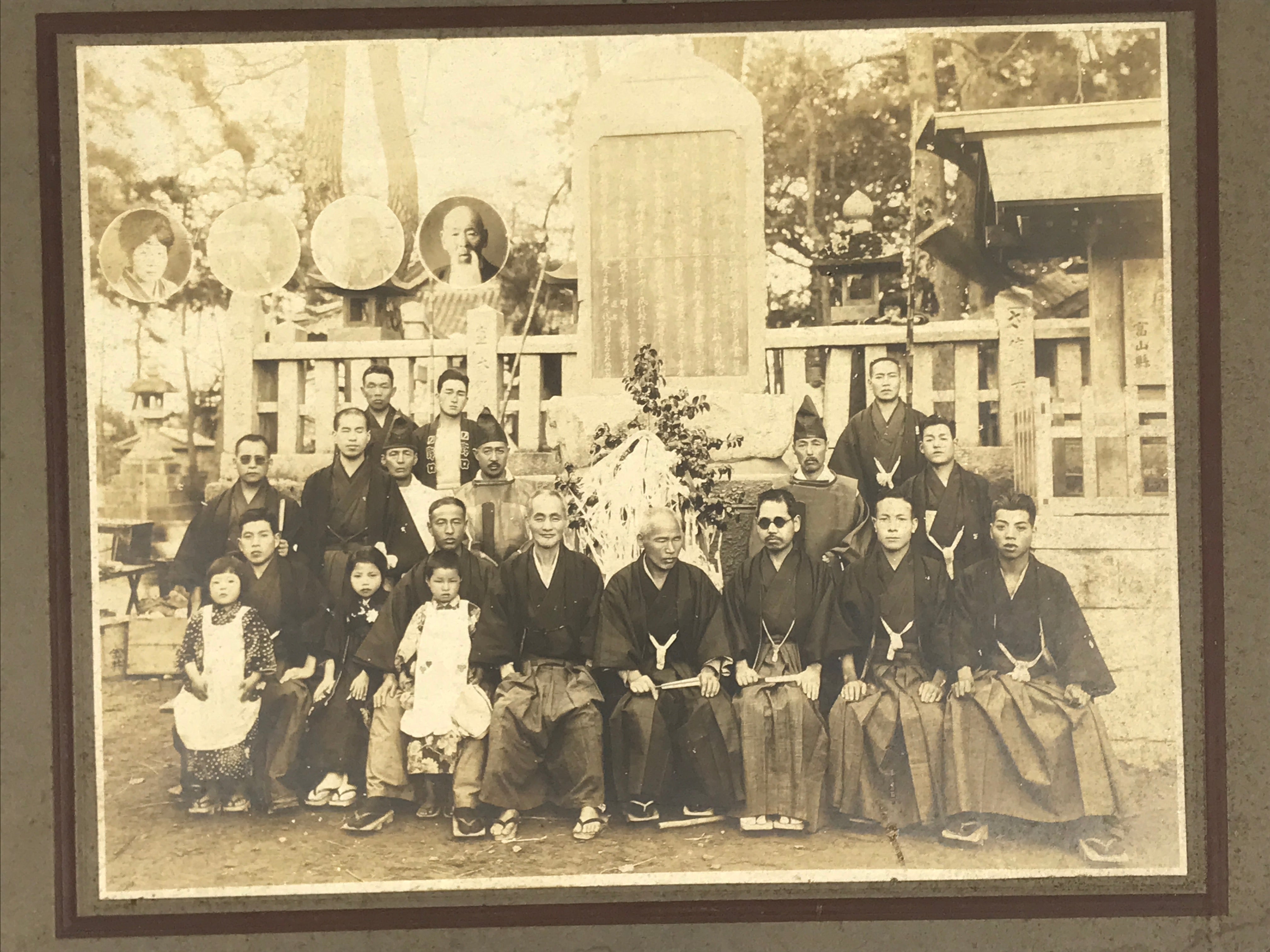 Japanese Showa Group Portrait Photograph Vtg Shrine Stone Monument Sepia PH287