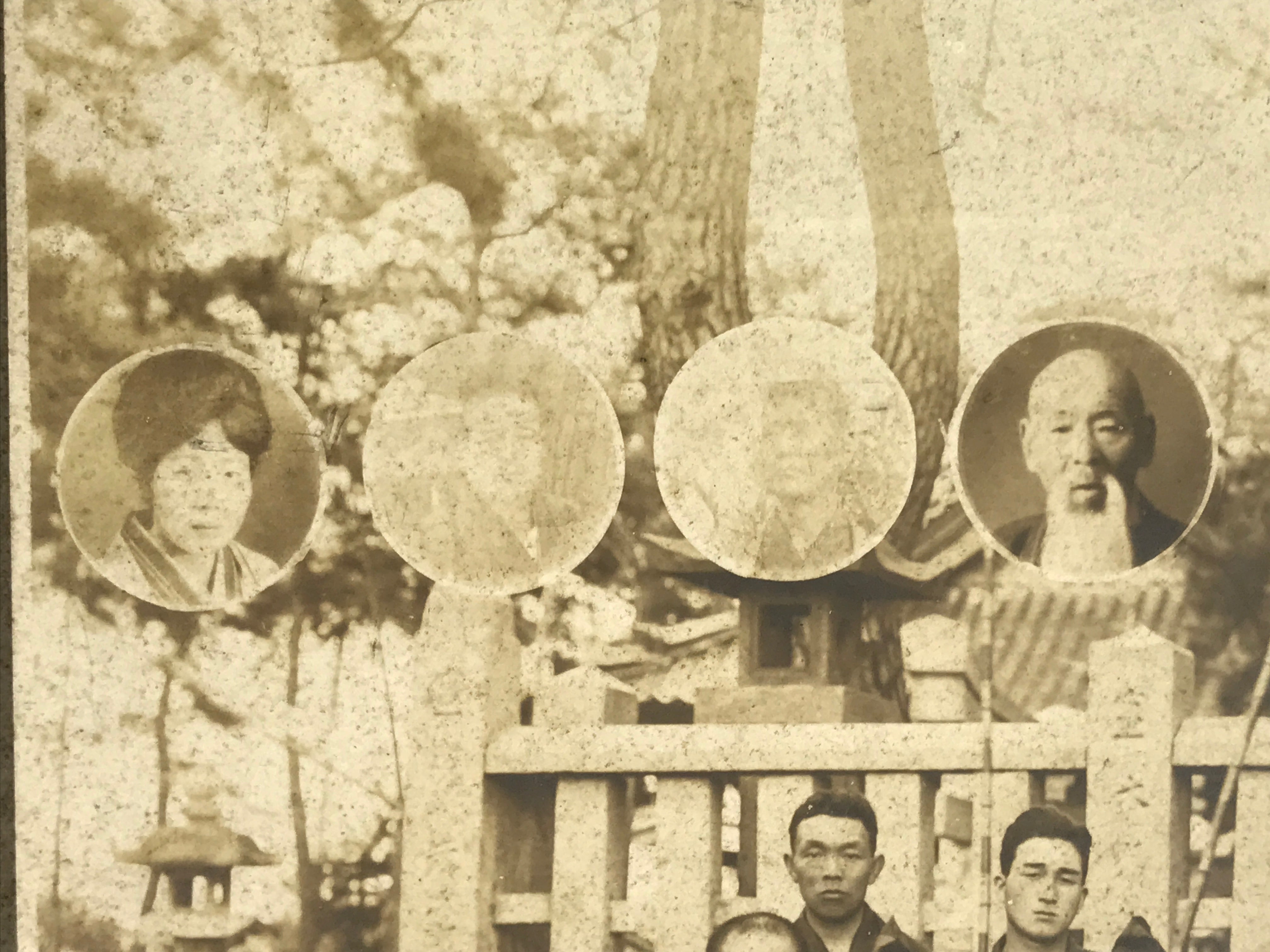 Japanese Showa Group Portrait Photograph Vtg Shrine Stone Monument Sepia PH287