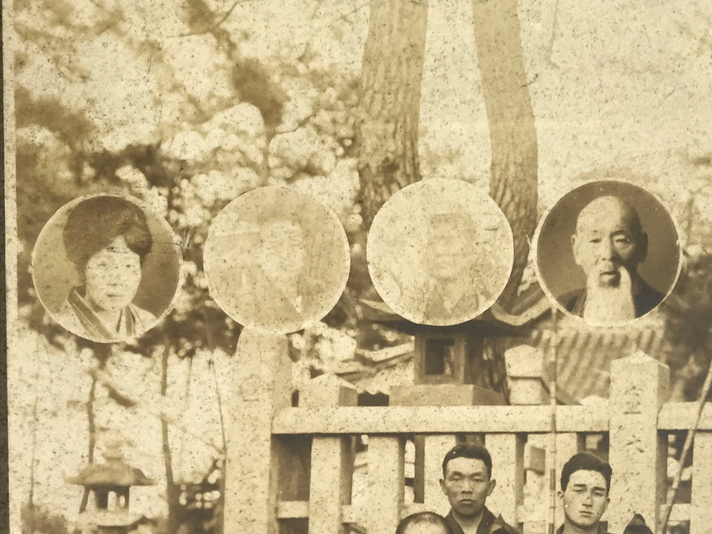 Japanese Showa Group Portrait Photograph Vtg Shrine Stone Monument Sepia PH287