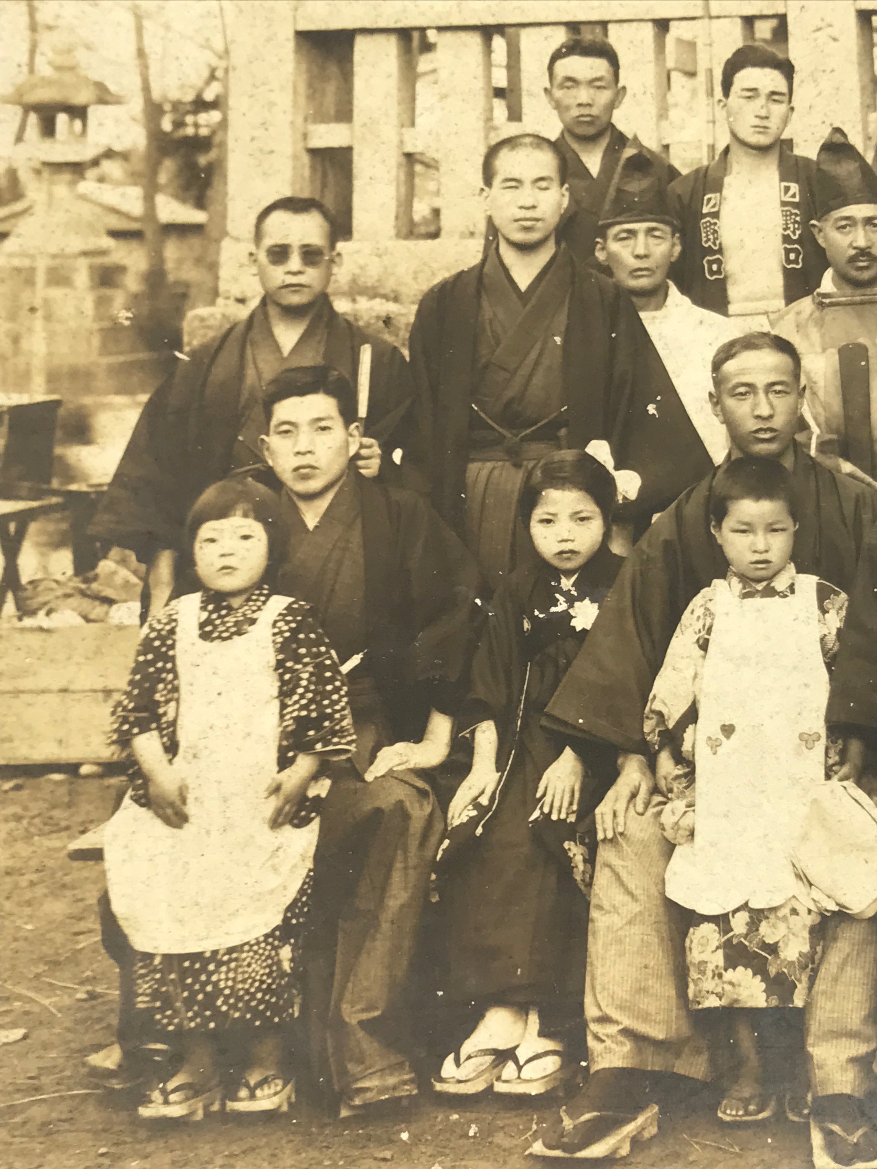 Japanese Showa Group Portrait Photograph Vtg Shrine Stone Monument Sepia PH287