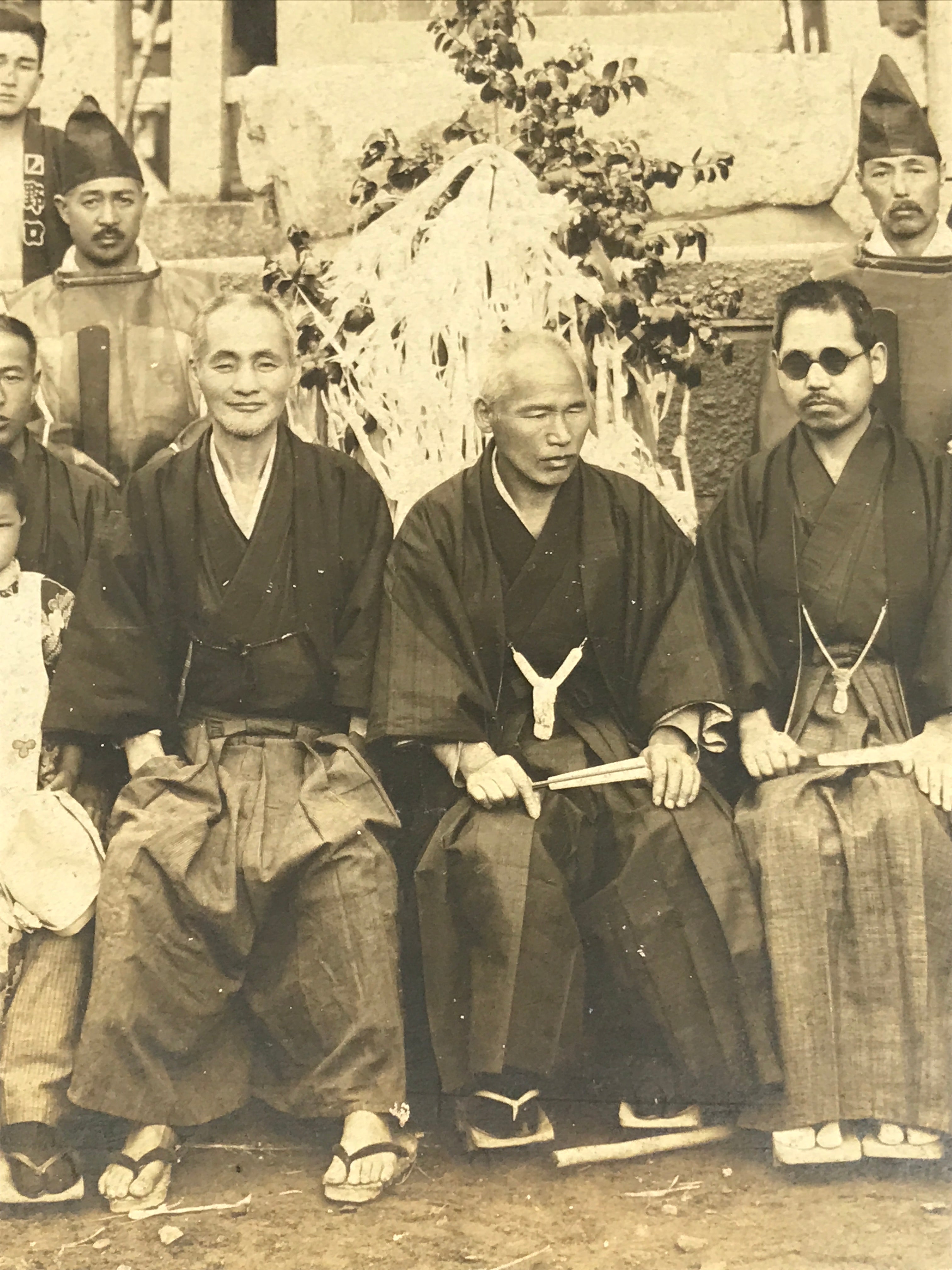 Japanese Showa Group Portrait Photograph Vtg Shrine Stone Monument Sepia PH287