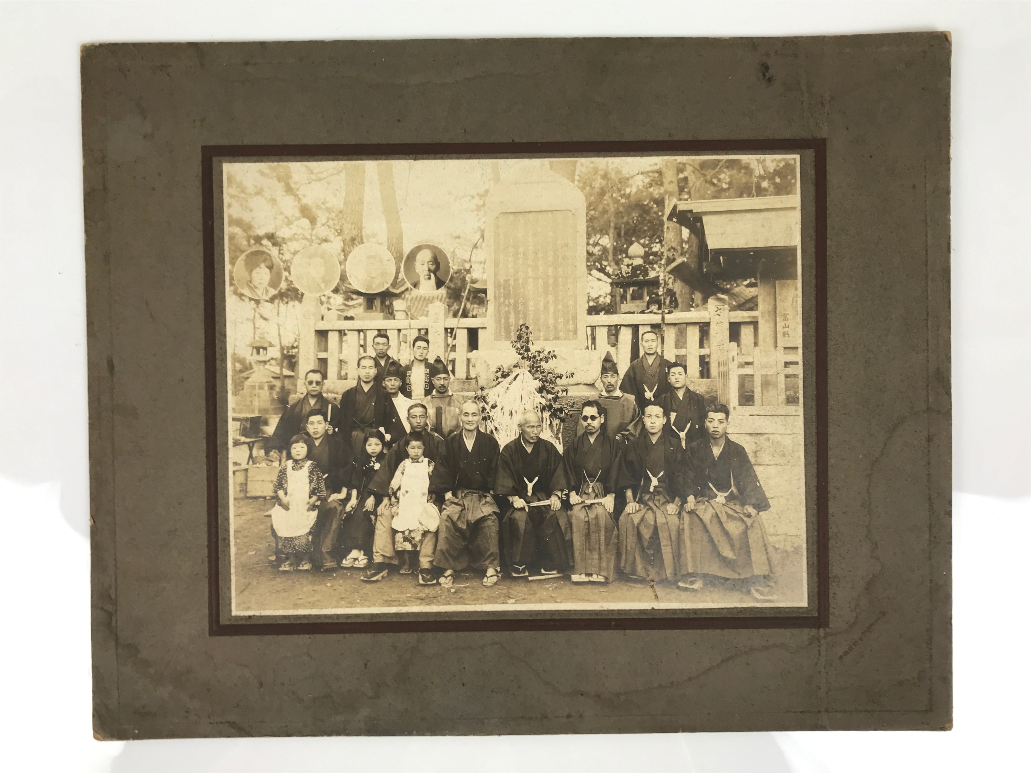Japanese Showa Group Portrait Photograph Vtg Shrine Stone Monument Sepia PH287