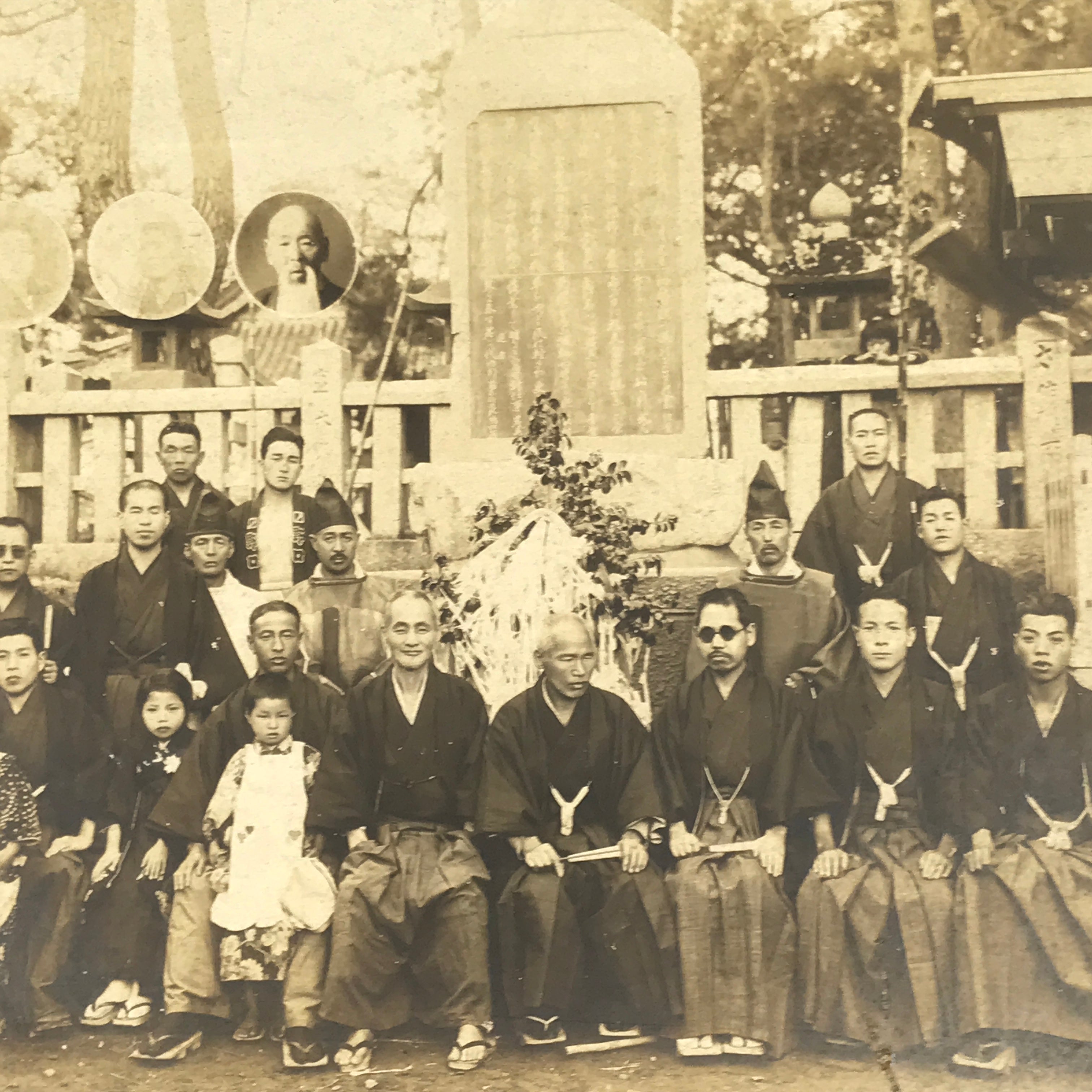 Japanese Showa Group Portrait Photograph Vtg Shrine Stone Monument Sepia PH287