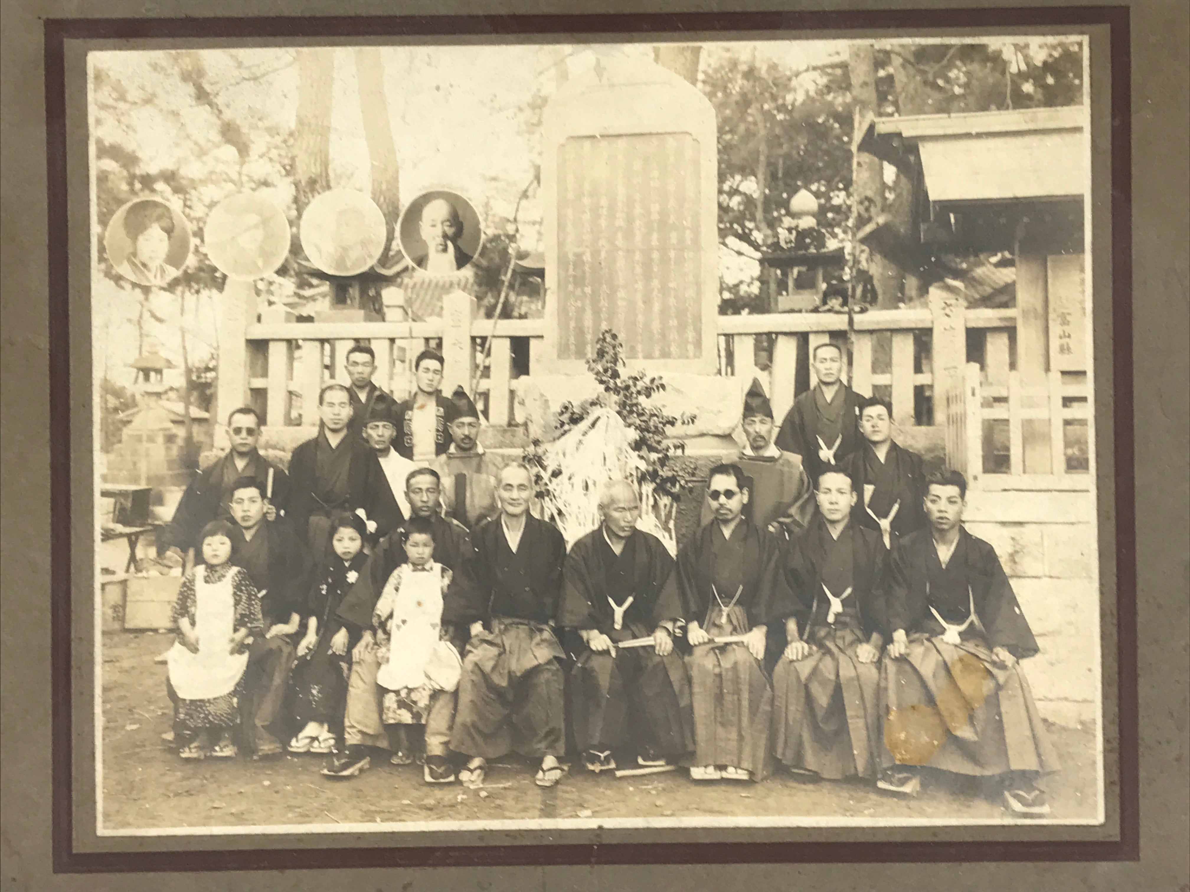 Japanese Showa Group Portrait Photograph Vtg Shrine Stone Monument Sepia PH288