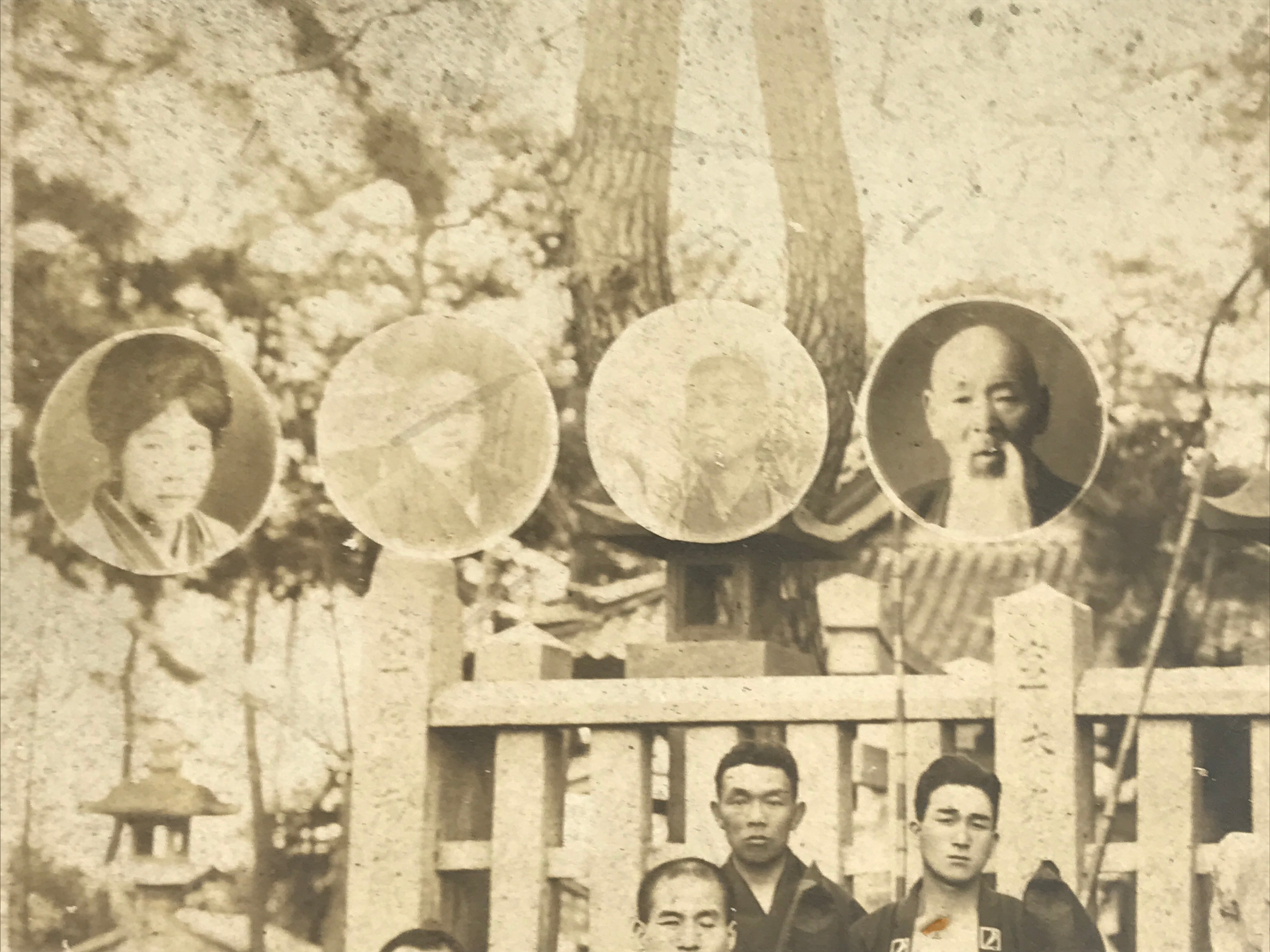 Japanese Showa Group Portrait Photograph Vtg Shrine Stone Monument Sepia PH288