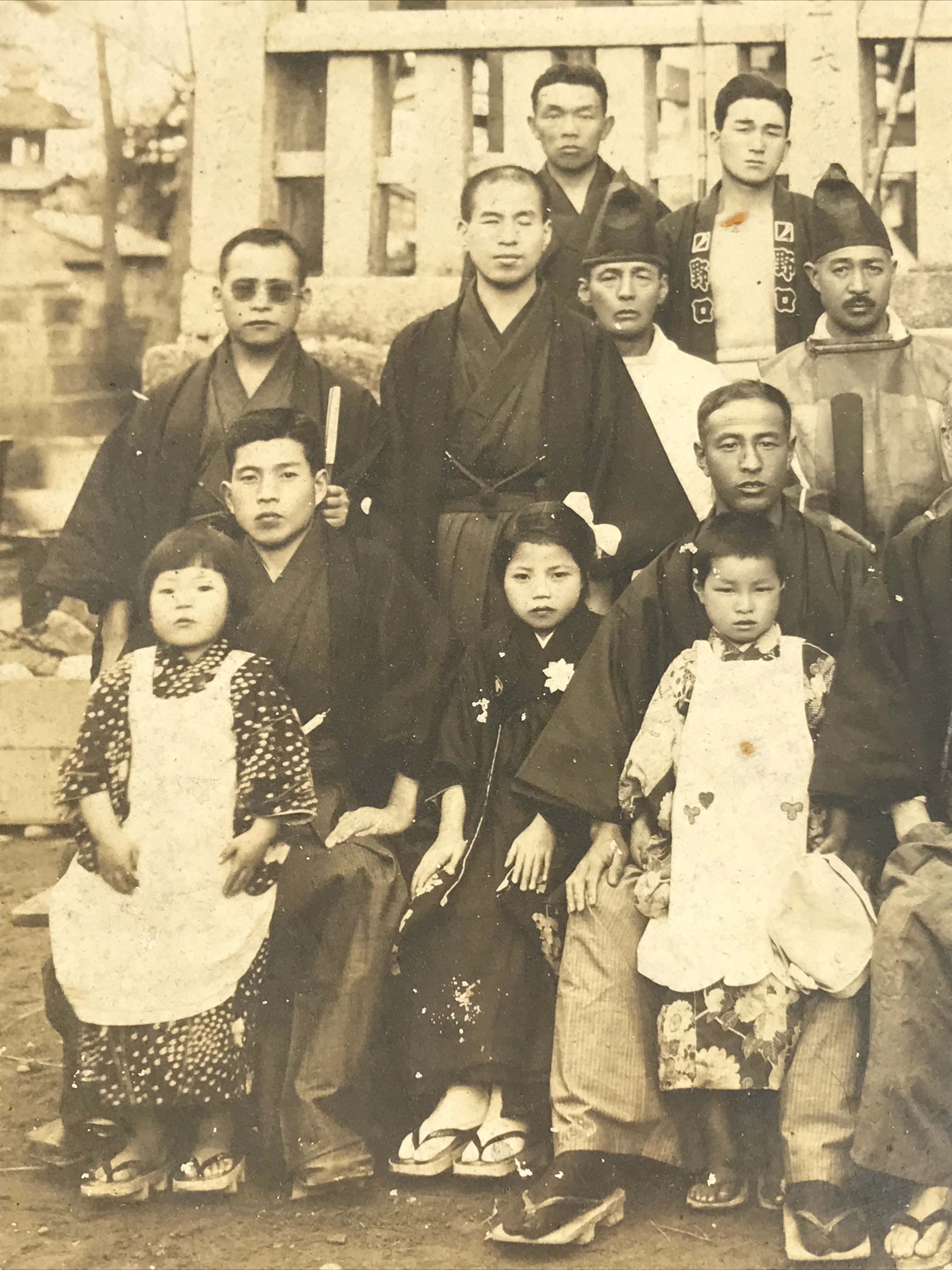 Japanese Showa Group Portrait Photograph Vtg Shrine Stone Monument Sepia PH288