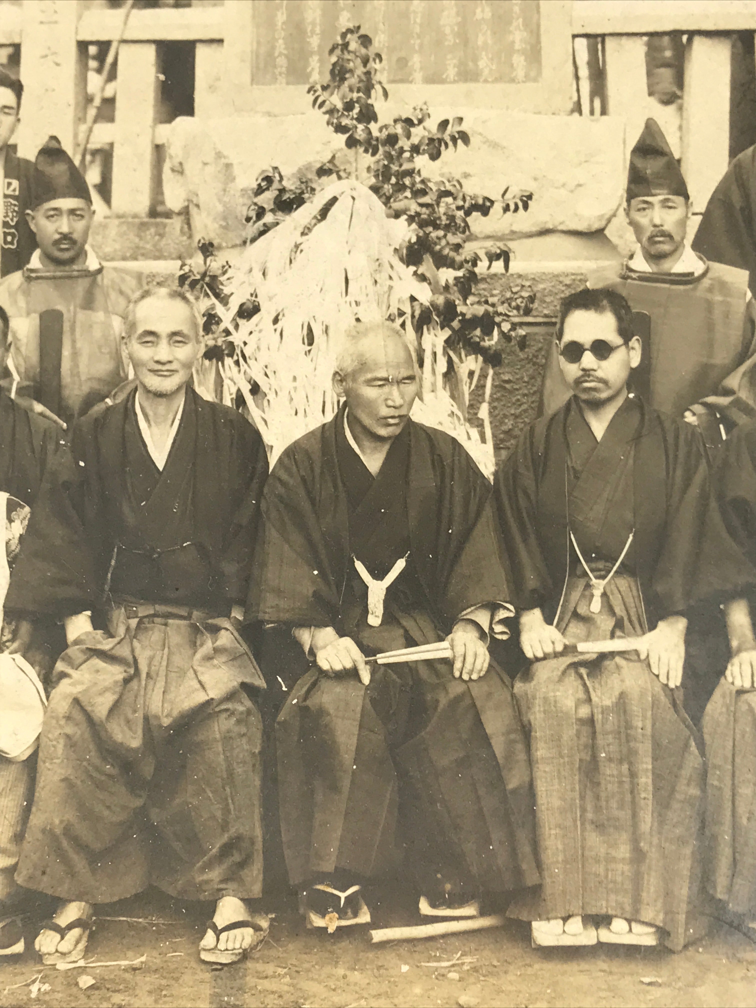 Japanese Showa Group Portrait Photograph Vtg Shrine Stone Monument Sepia PH288