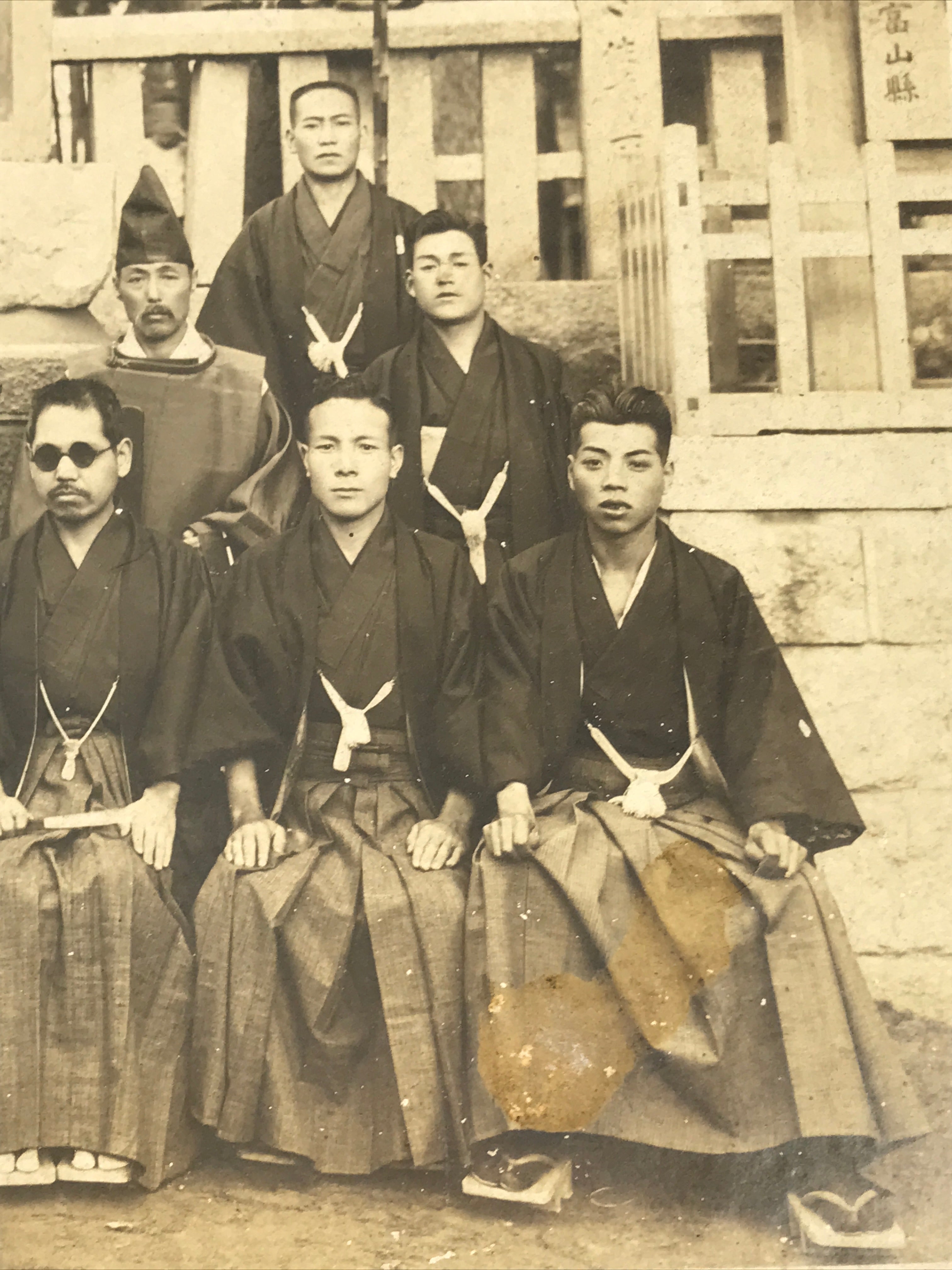 Japanese Showa Group Portrait Photograph Vtg Shrine Stone Monument Sepia PH288