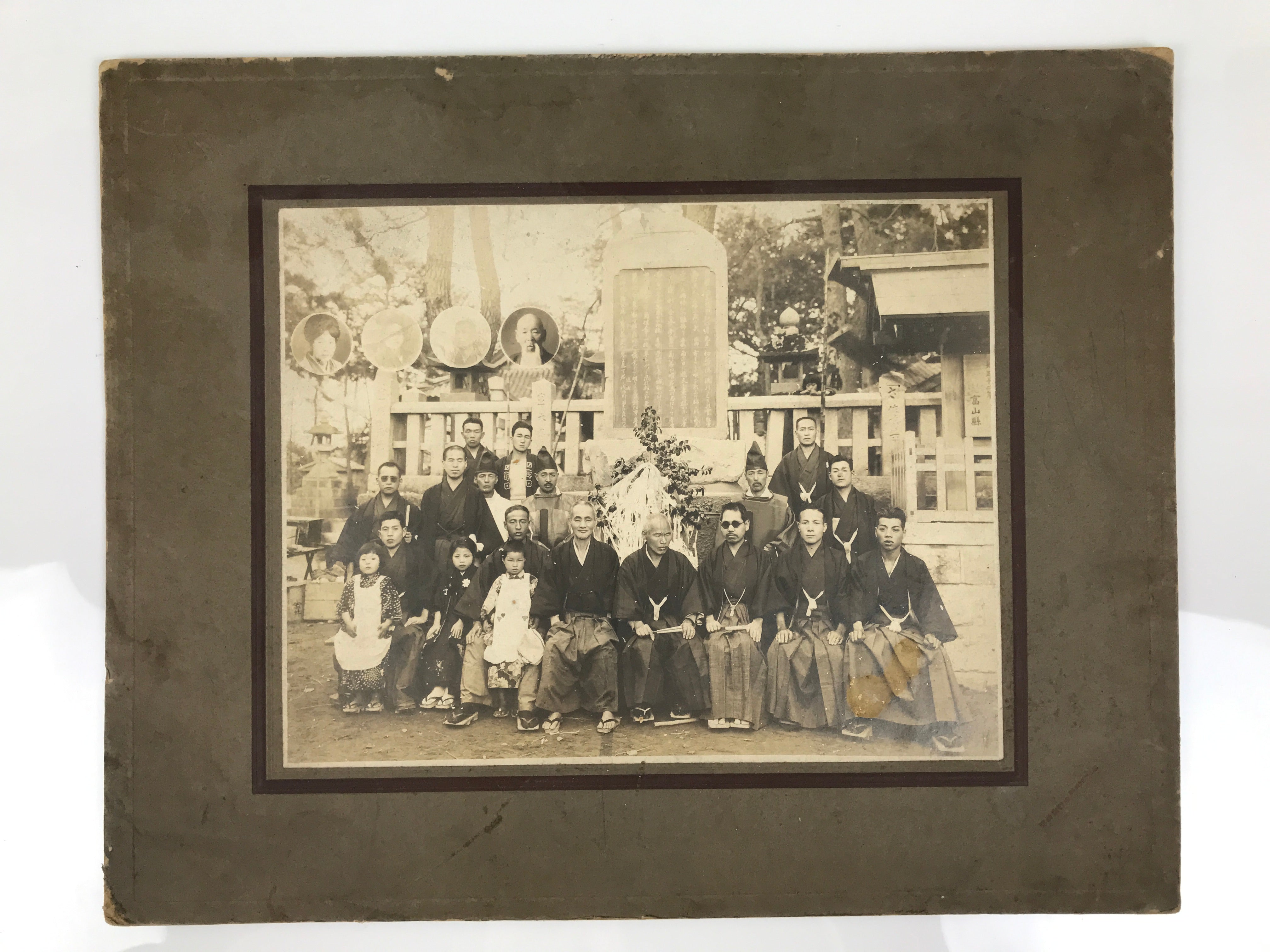 Japanese Showa Group Portrait Photograph Vtg Shrine Stone Monument Sepia PH288