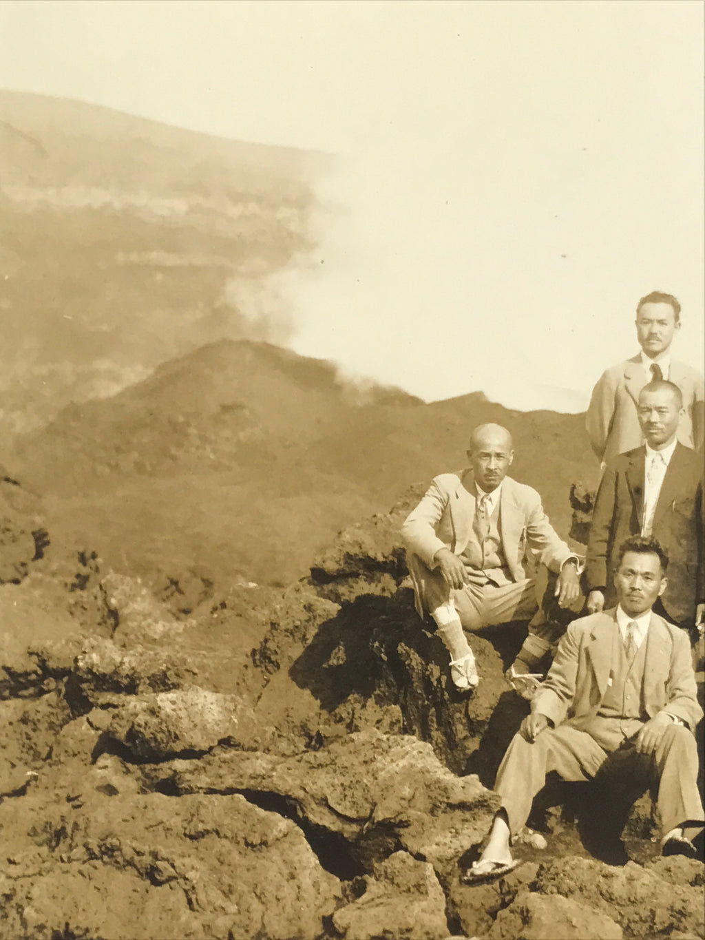 Japanese Showa Men Group Photograph Vtg Mountain Volcano Suits Sepia Tone PH147