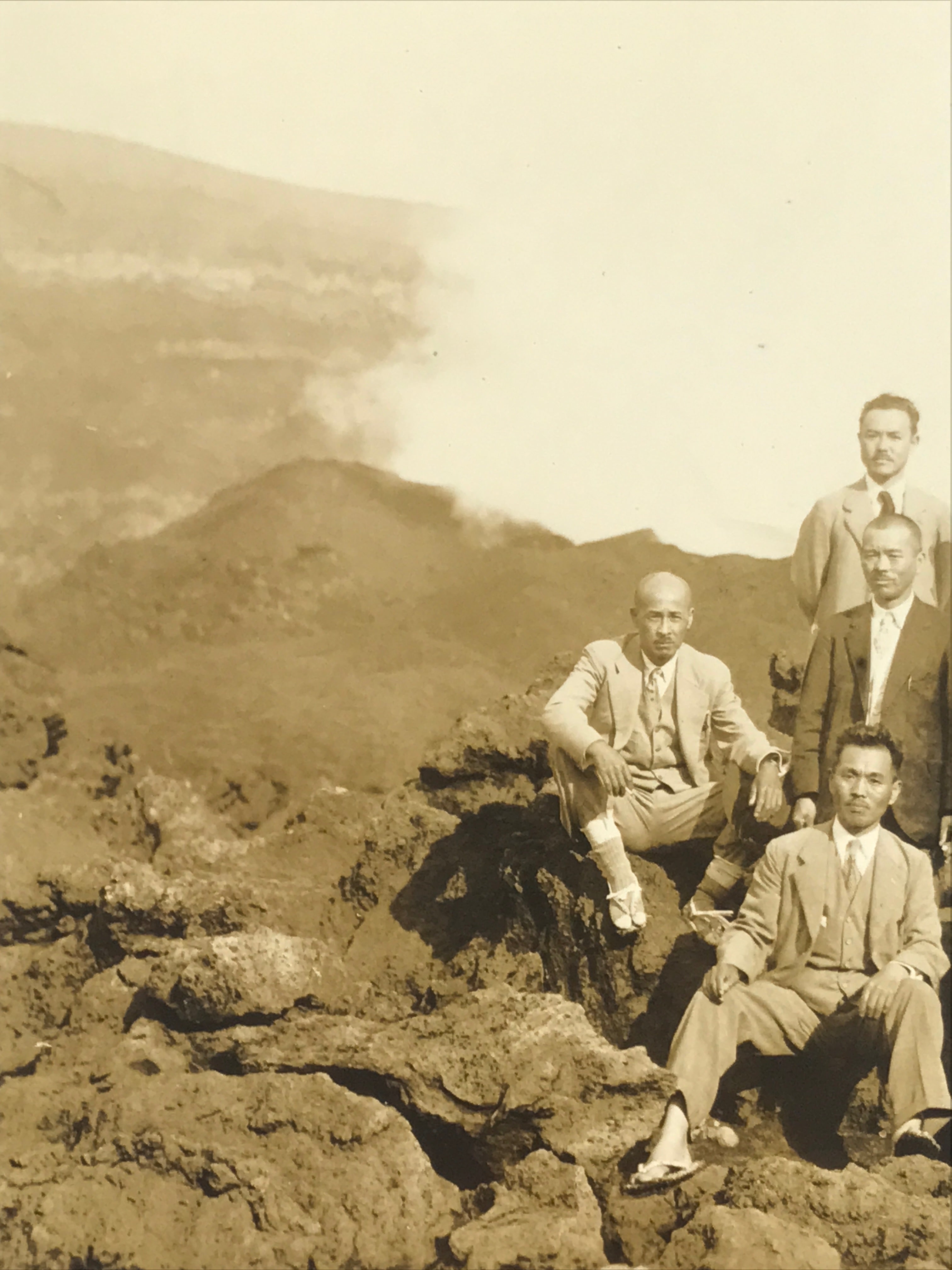 Japanese Showa Men Group Photograph Vtg Mountain Volcano Suits Sepia Tone PH147