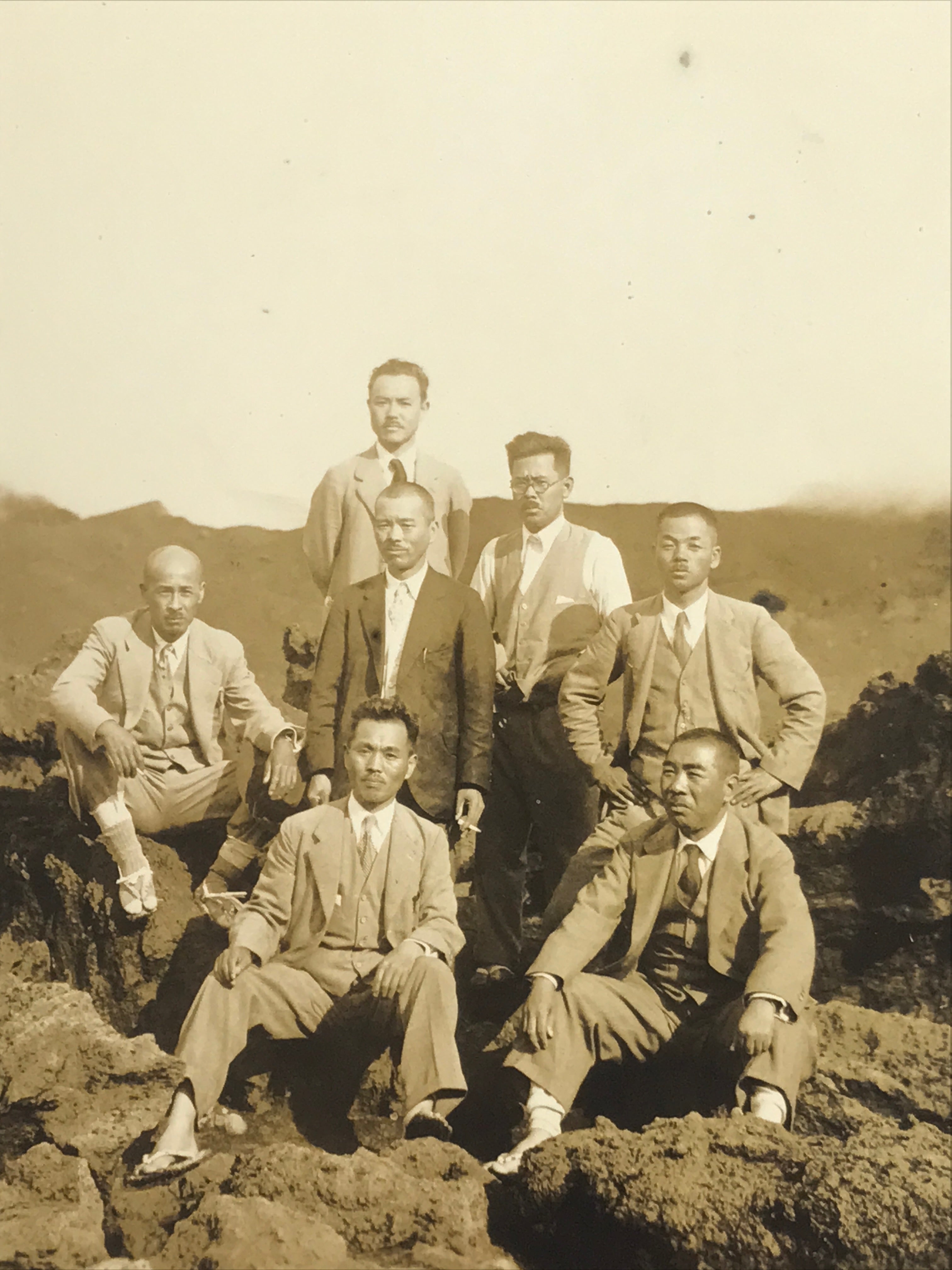 Japanese Showa Men Group Photograph Vtg Mountain Volcano Suits Sepia Tone PH147