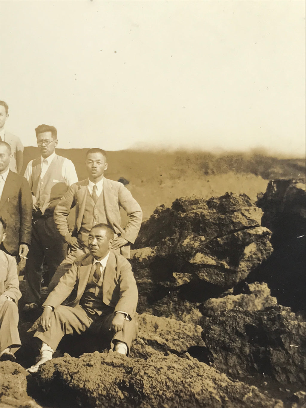 Japanese Showa Men Group Photograph Vtg Mountain Volcano Suits Sepia Tone PH147