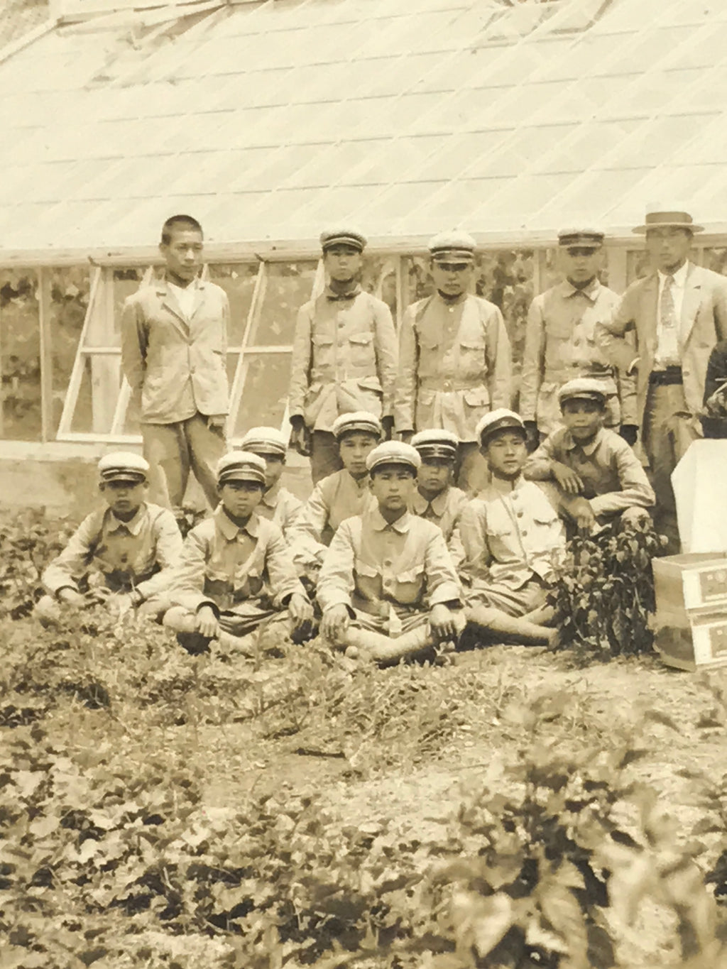 Japanese Showa School Boys Group Photograph Vtg Daily Life Gardening Sepia PH143