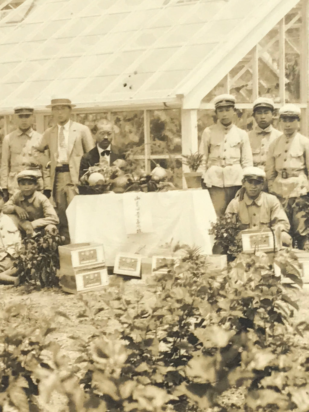 Japanese Showa School Boys Group Photograph Vtg Daily Life Gardening Sepia PH143