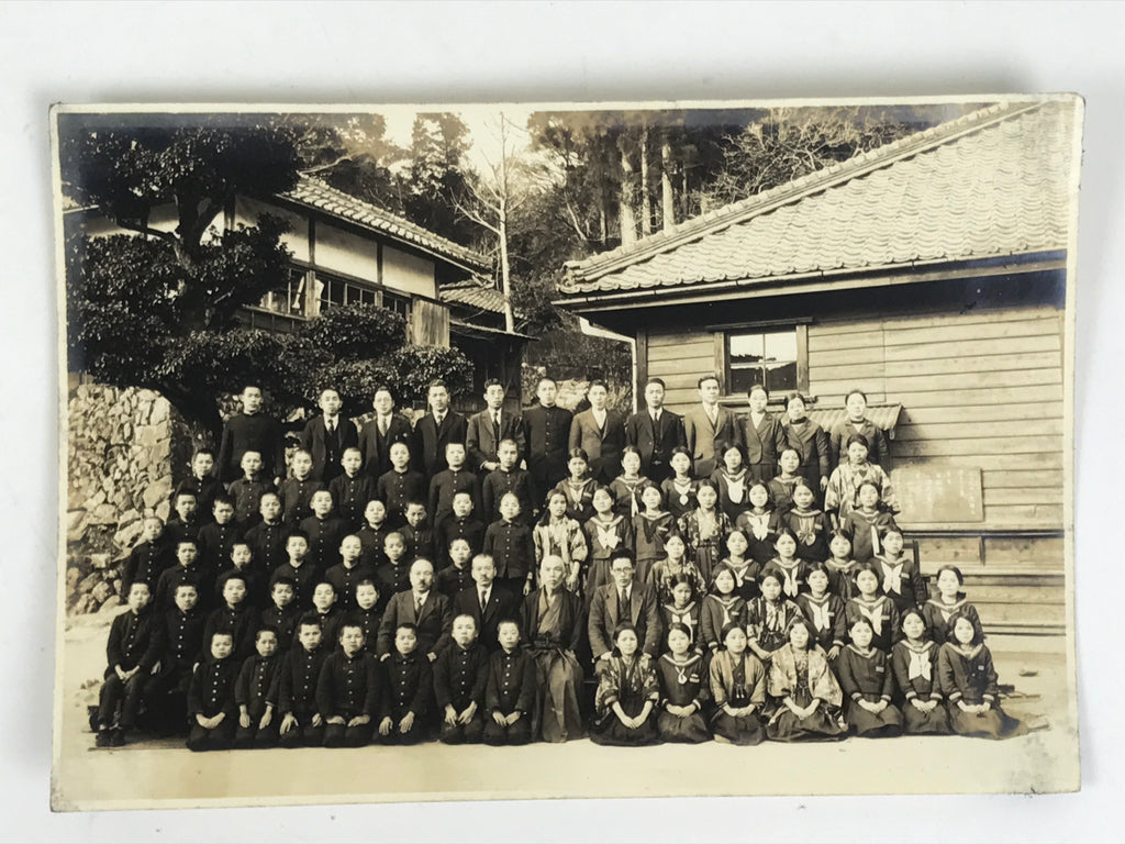Japanese Showa School Class Photograph Group Student Uniform Black White PH72