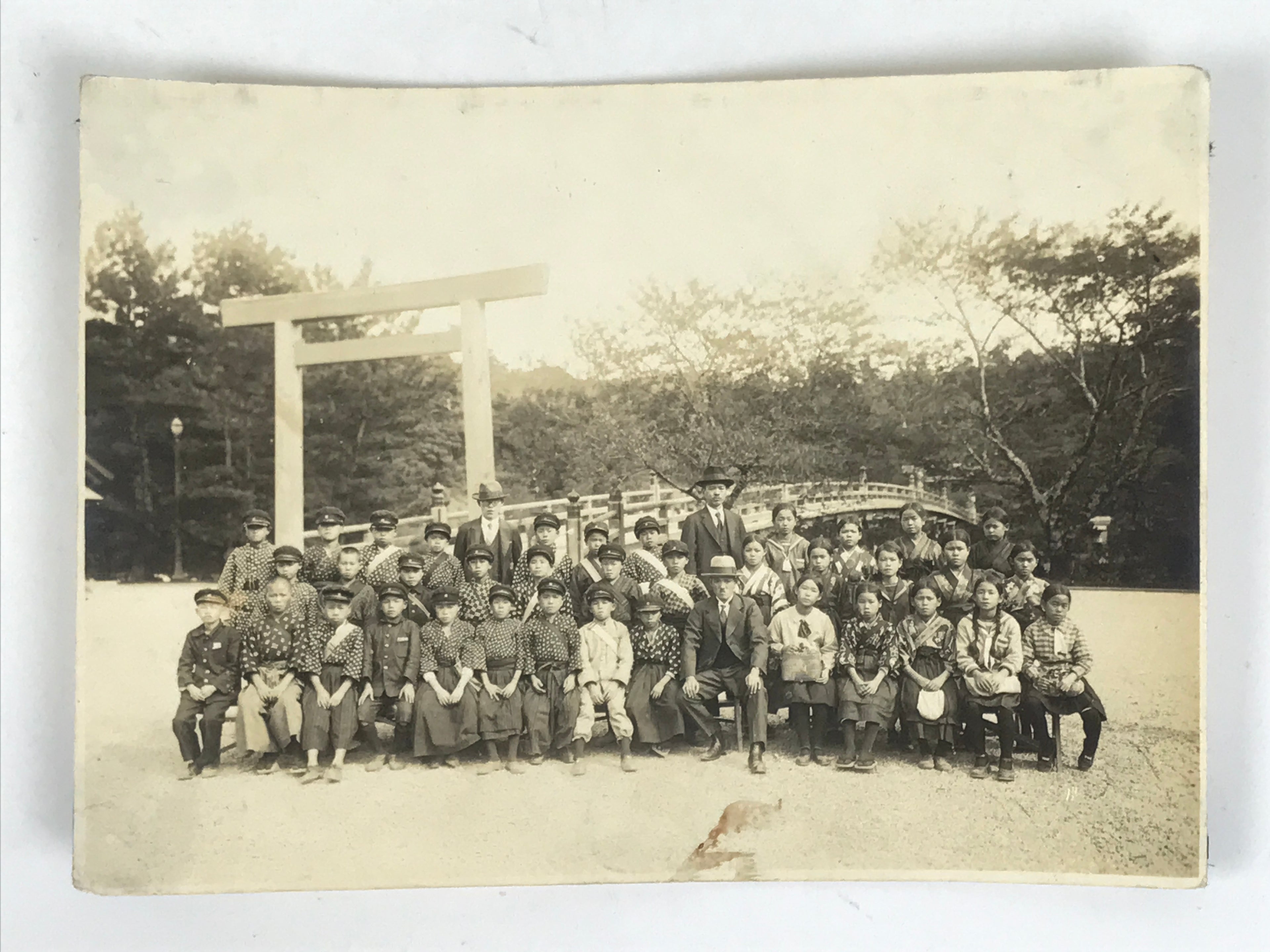 Japanese Showa School Class Trip Photograph Vtg Group Ise Shrine Sepia PH141