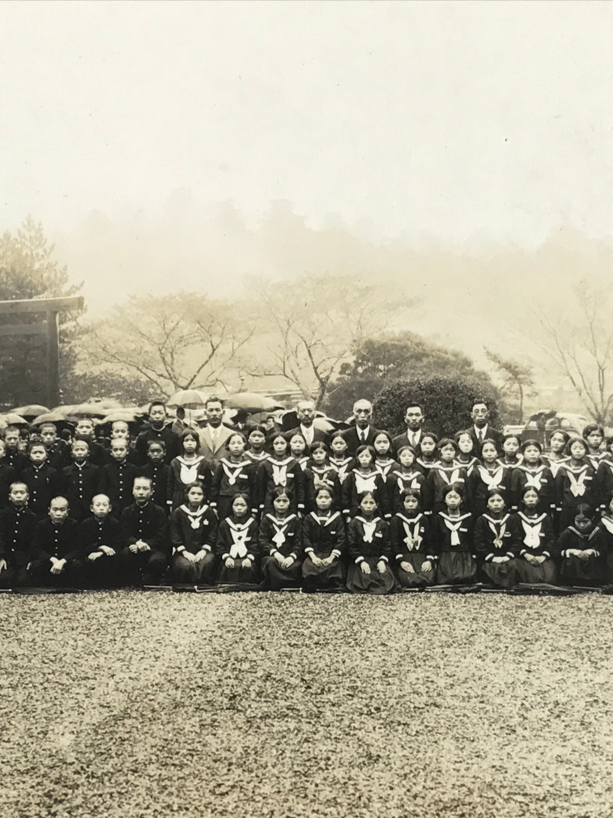 Japanese Showa School Class Trip Photograph Vtg Group Ise Shrine Sepia PH163