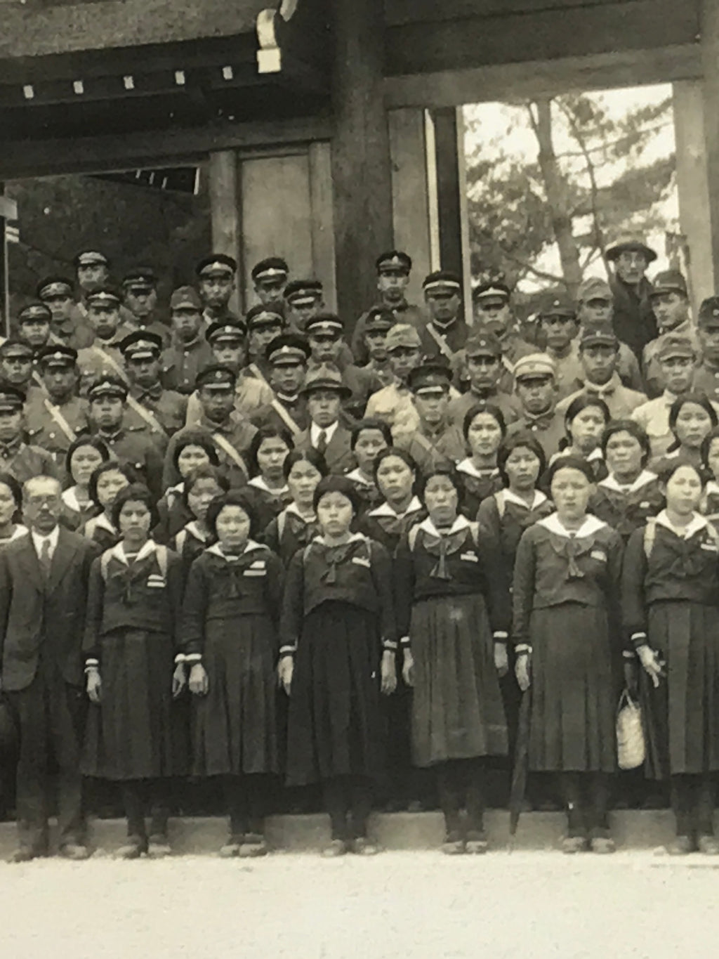 Japanese Showa School Class Trip Photograph Vtg Temple Palace Gate Sepia PH151