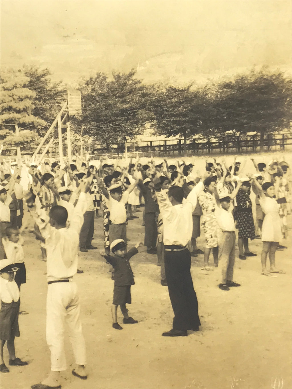 Japanese Showa School Student Group Photograph Rajio Taiso Exercise Sepia PH118