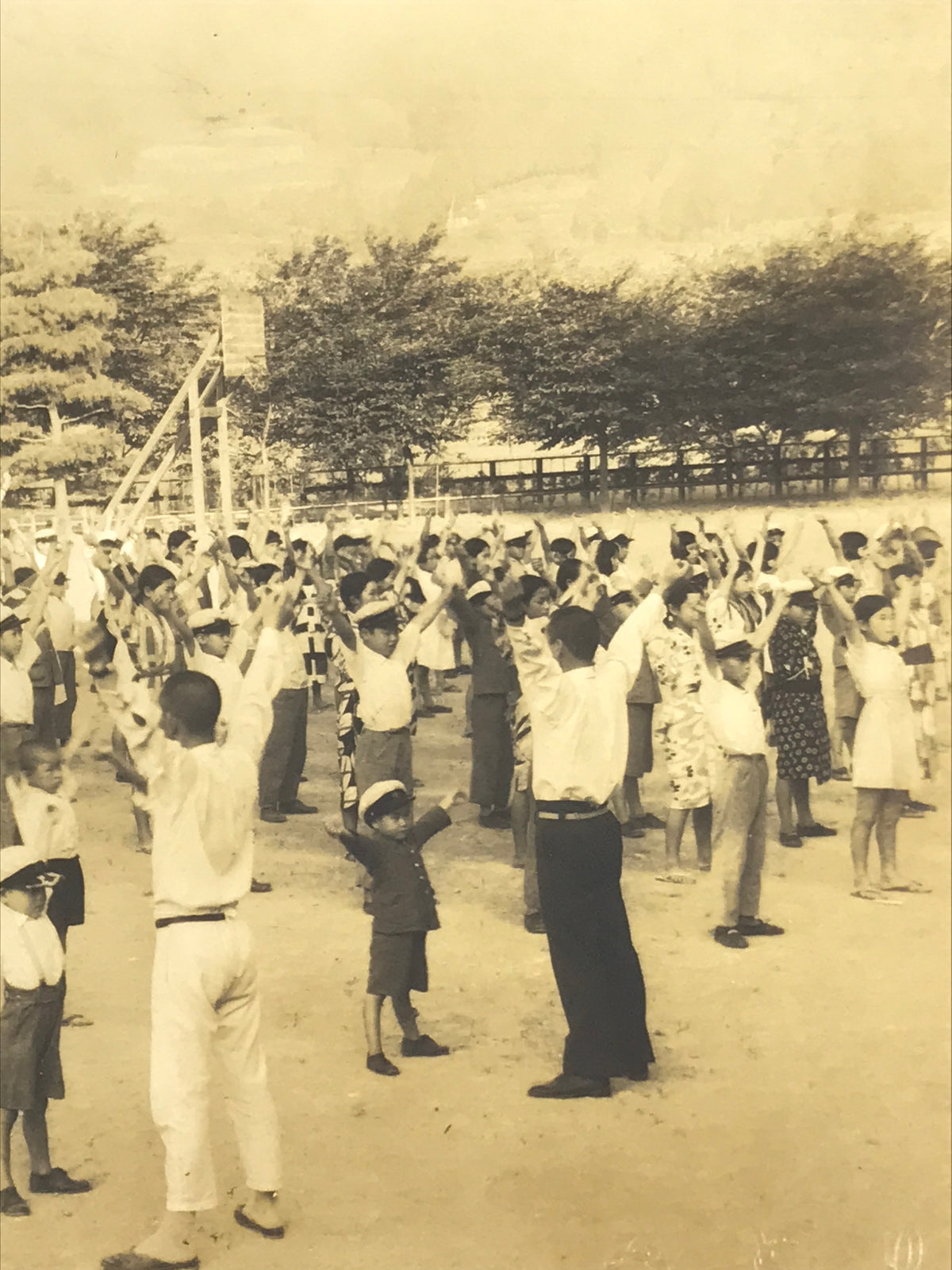 Japanese Showa School Student Group Photograph Rajio Taiso Exercise Sepia PH118