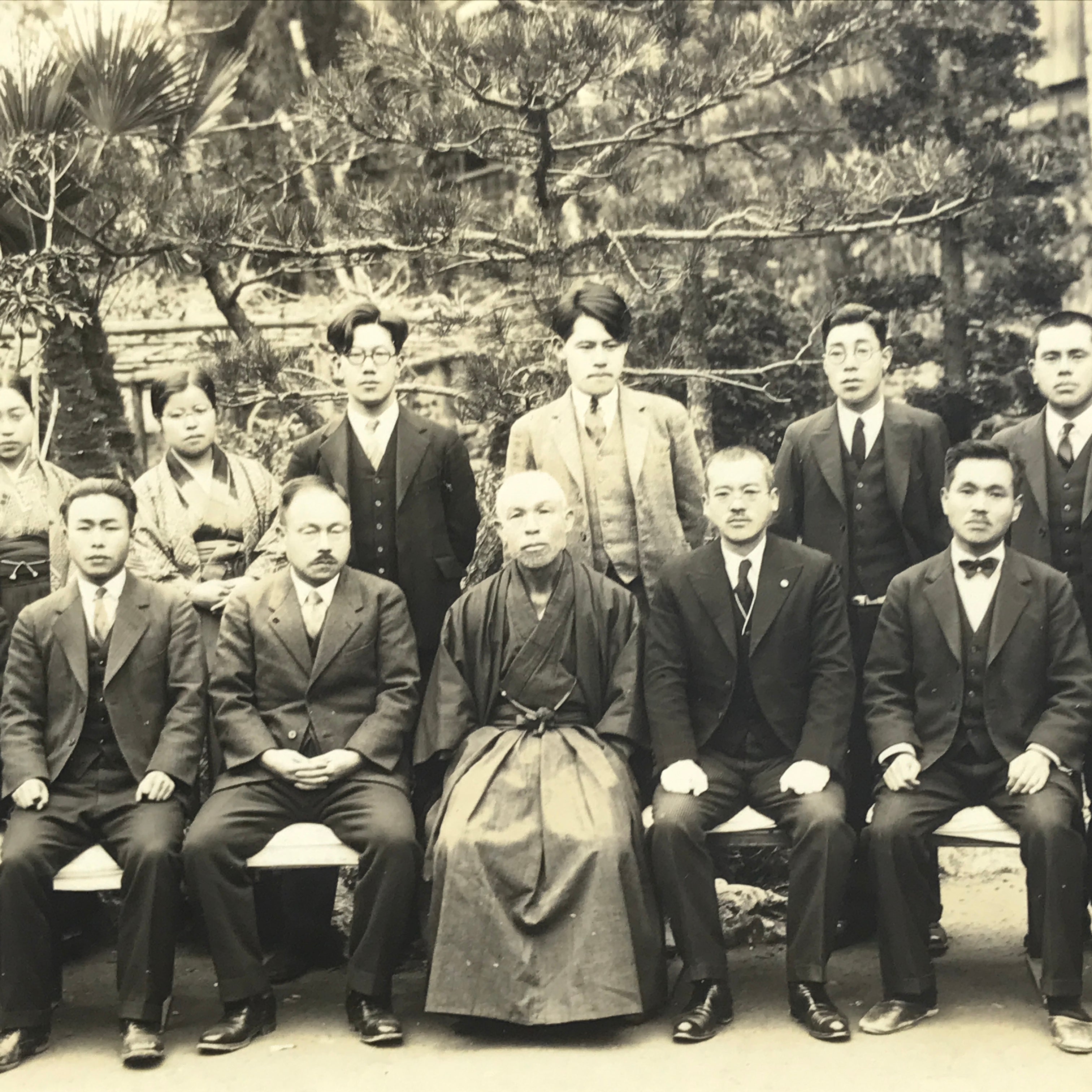 Japanese Showa School Teachers Group Photograph Vtg Hakama Suit Sepia PH132