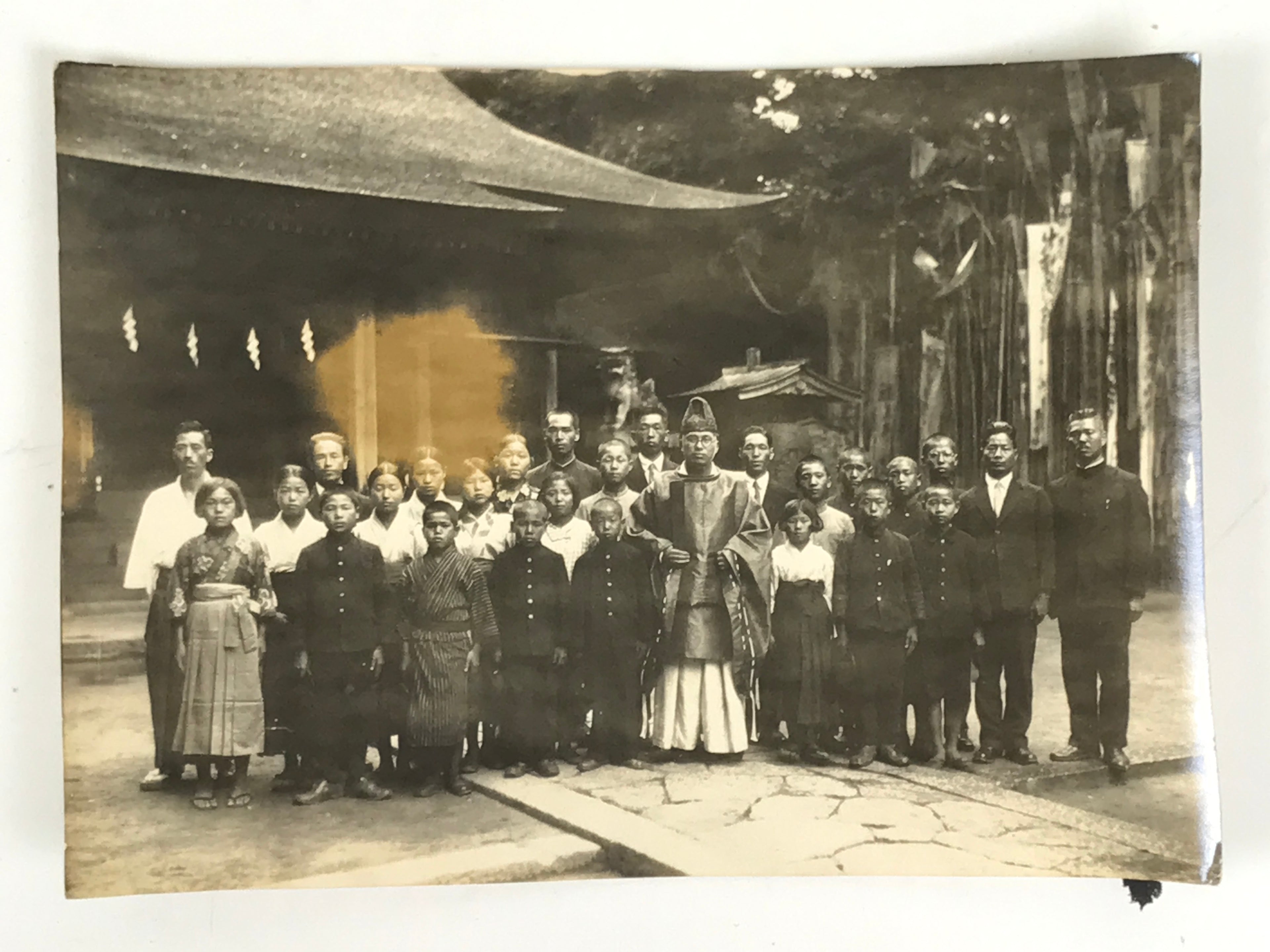 Japanese Showa Shinto Shrine Priest Photograph Children Kimono Black White PH165