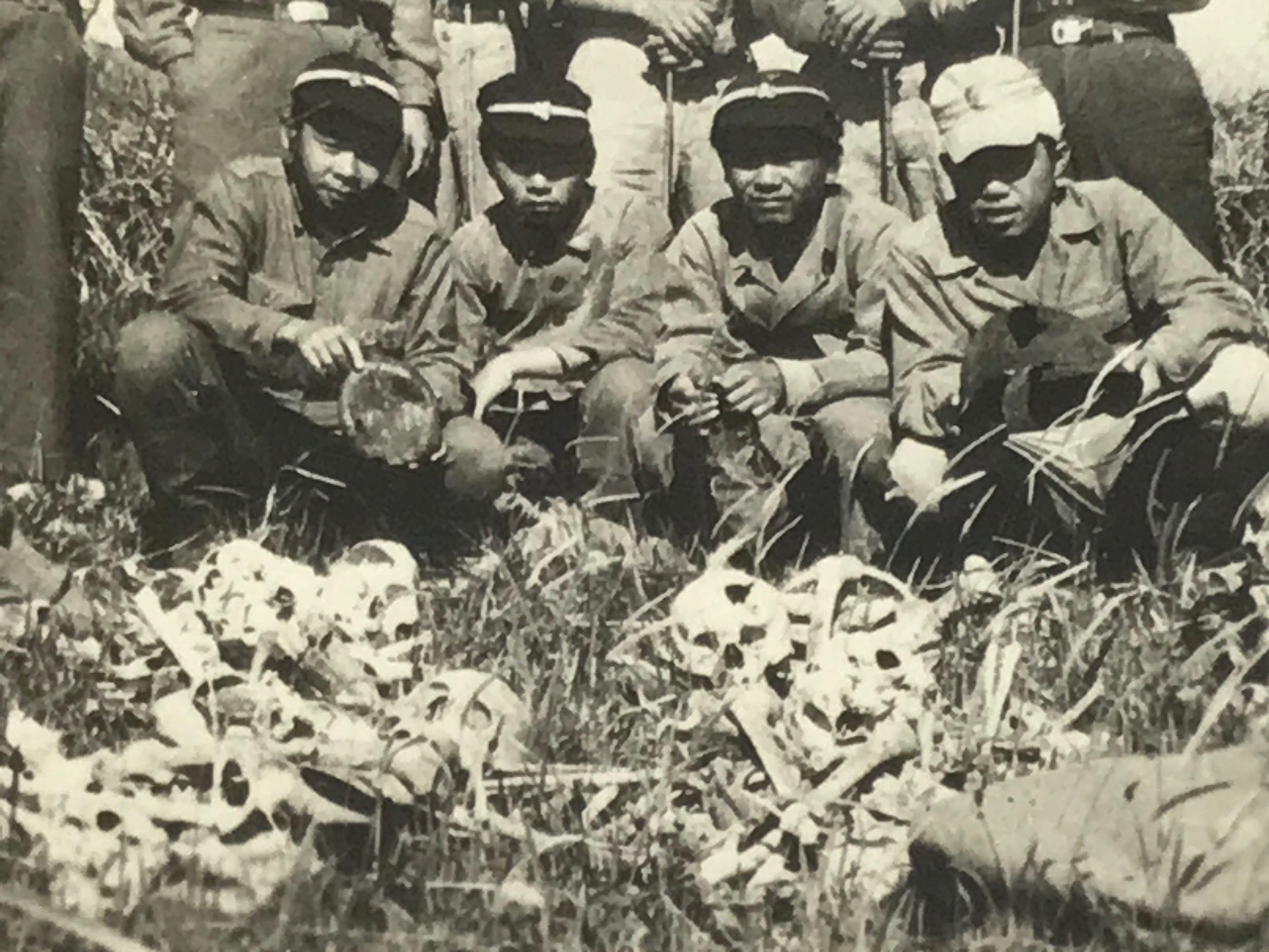 Japanese Showa Teen Boys Student Field Photograph Vtg Bones Skulls Sepia PH216