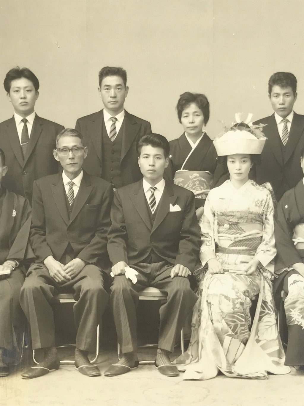 Japanese Showa Wedding Photograph Vtg Kimono Bride Groom Family Black White PH60