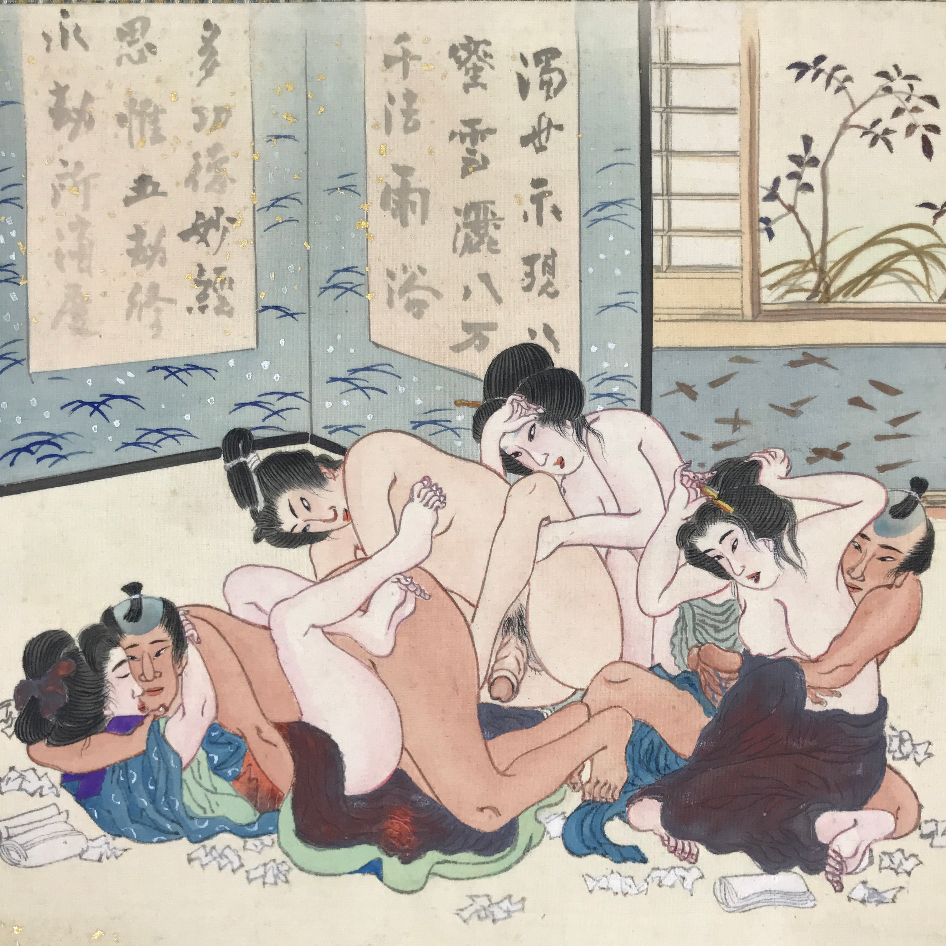 Japanese Shunga Art Group Vtg Handpainted Silk Calligraphy Screen FL500