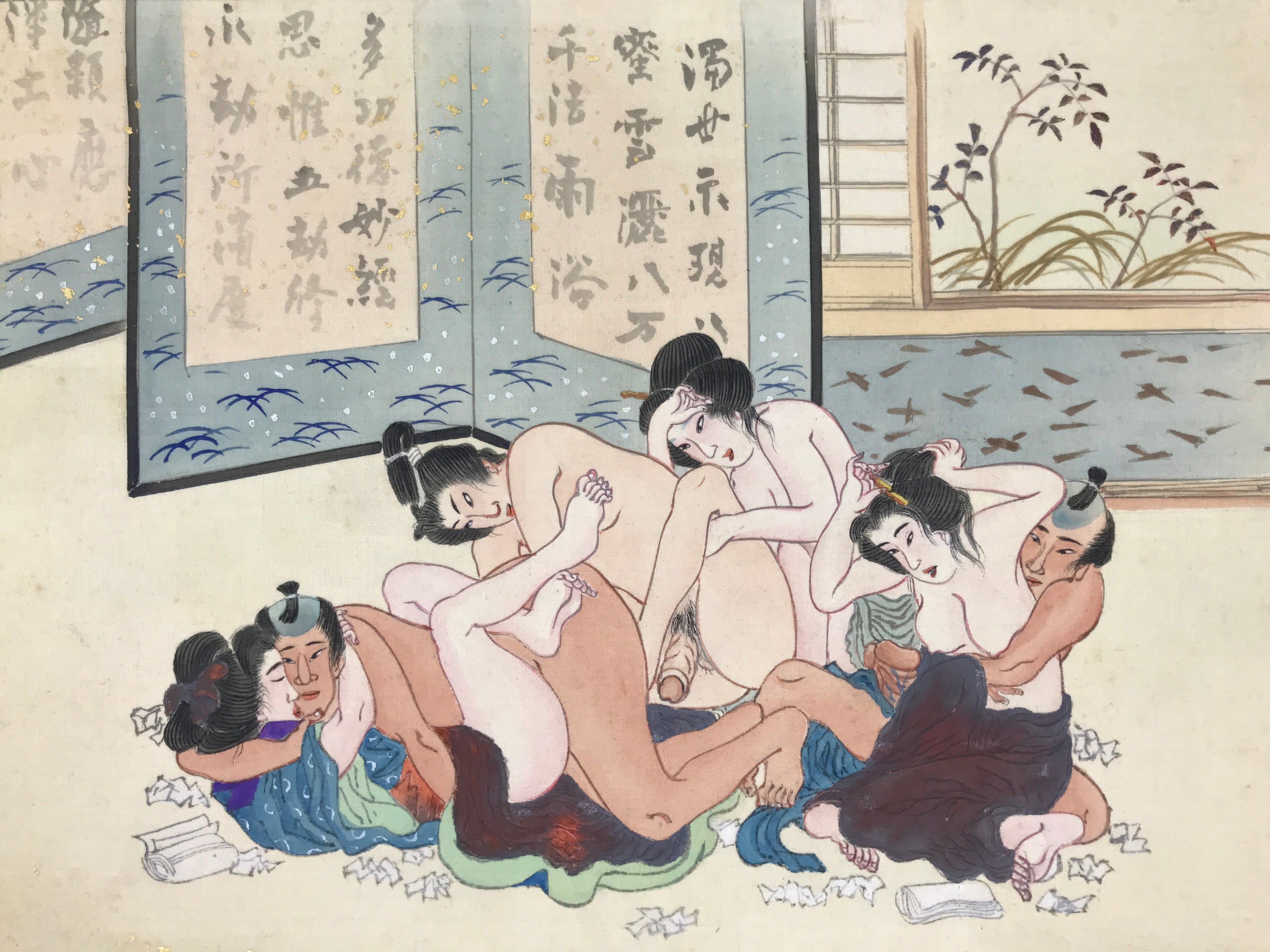 Japanese Shunga Art Group Vtg Handpainted Silk Calligraphy Screen FL500