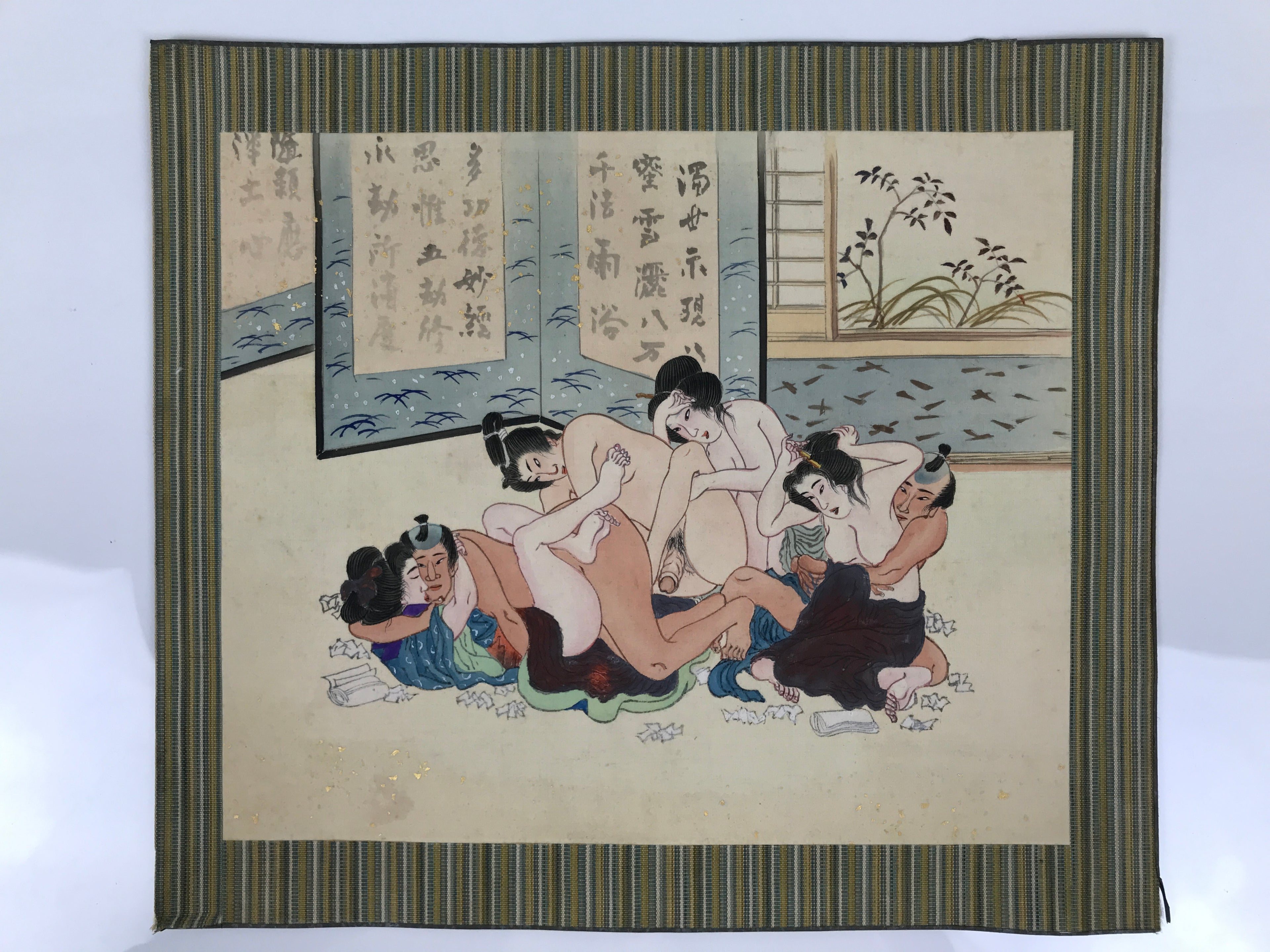 Japanese Shunga Art Group Vtg Handpainted Silk Calligraphy Screen FL500