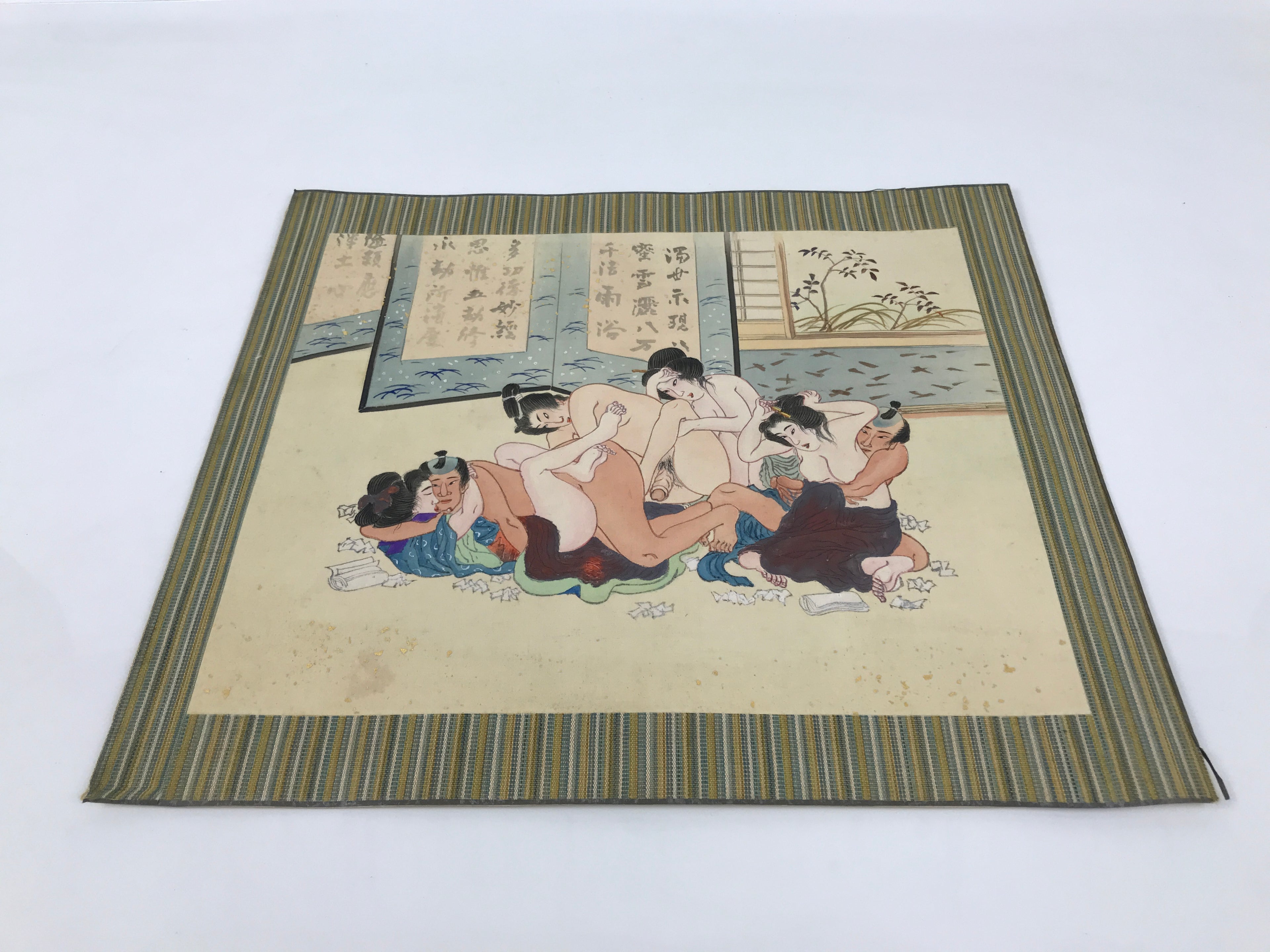 Japanese Shunga Art Group Vtg Handpainted Silk Calligraphy Screen FL500