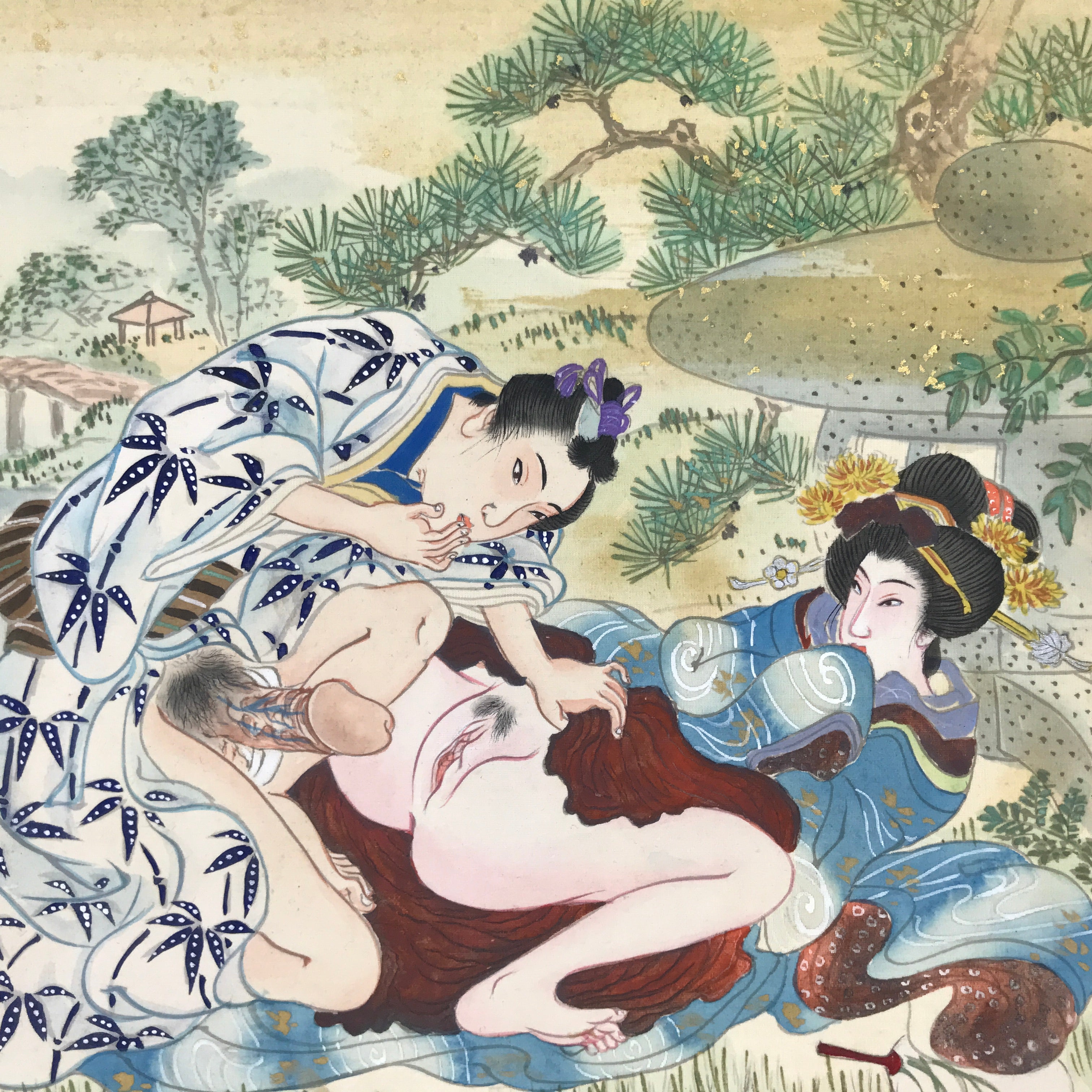 Japanese Shunga Art Vtg Handpainted Silk Garden Outside Summer FL506
