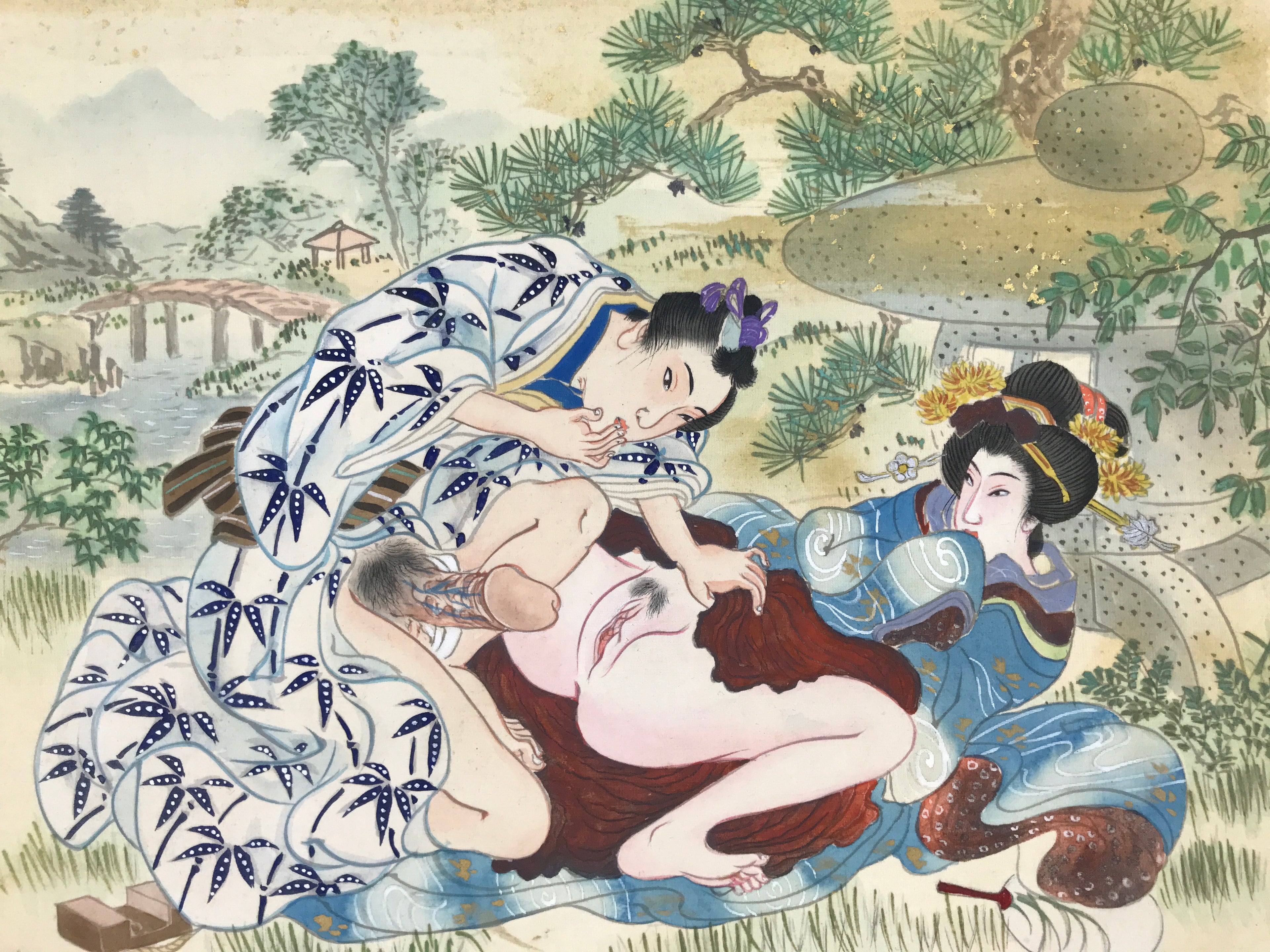 Japanese Shunga Art Vtg Handpainted Silk Garden Outside Summer FL506