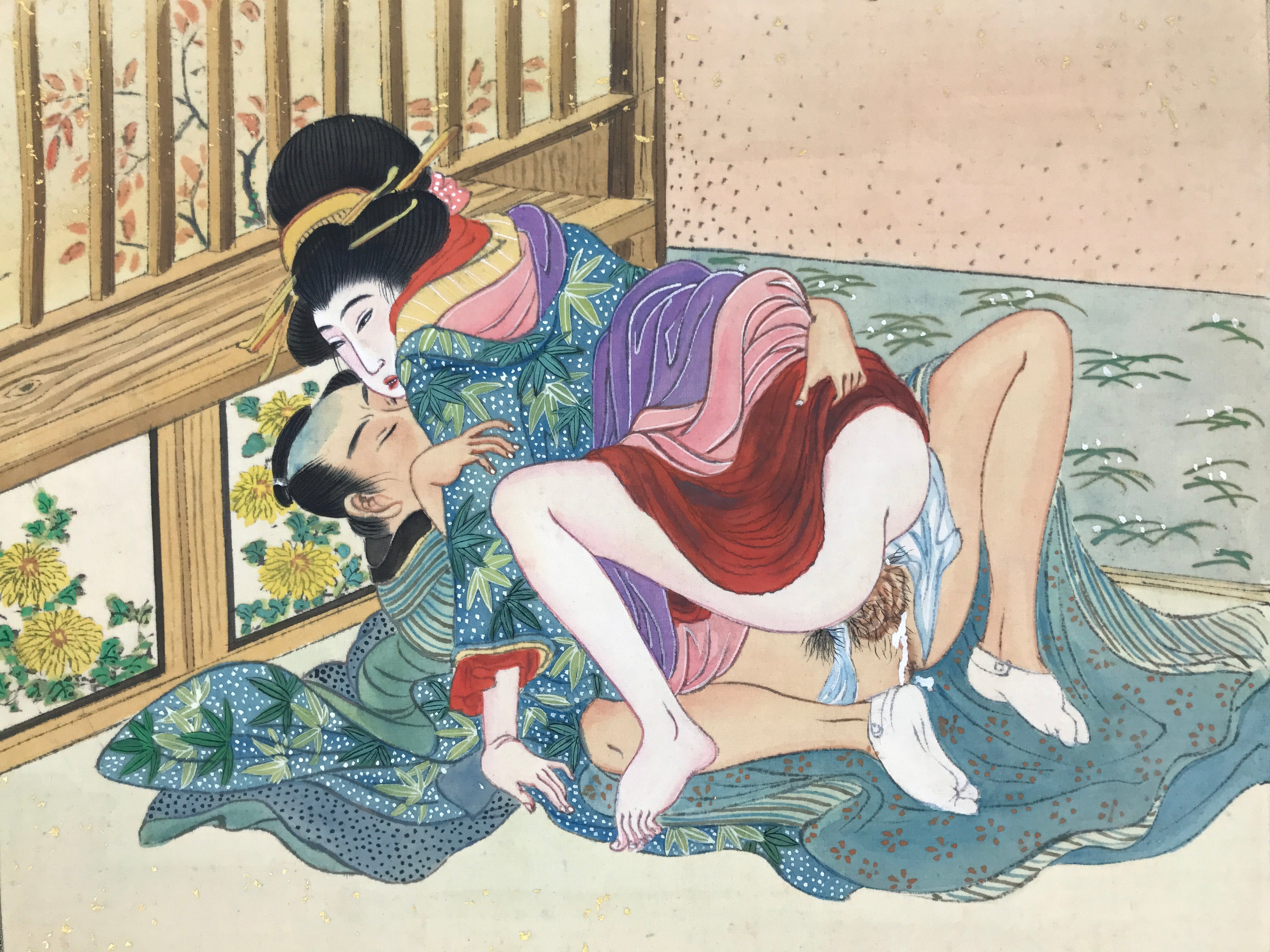 Japanese Shunga Art Vtg Handpainted Silk Kimono Fall Chrysanthemum FL502