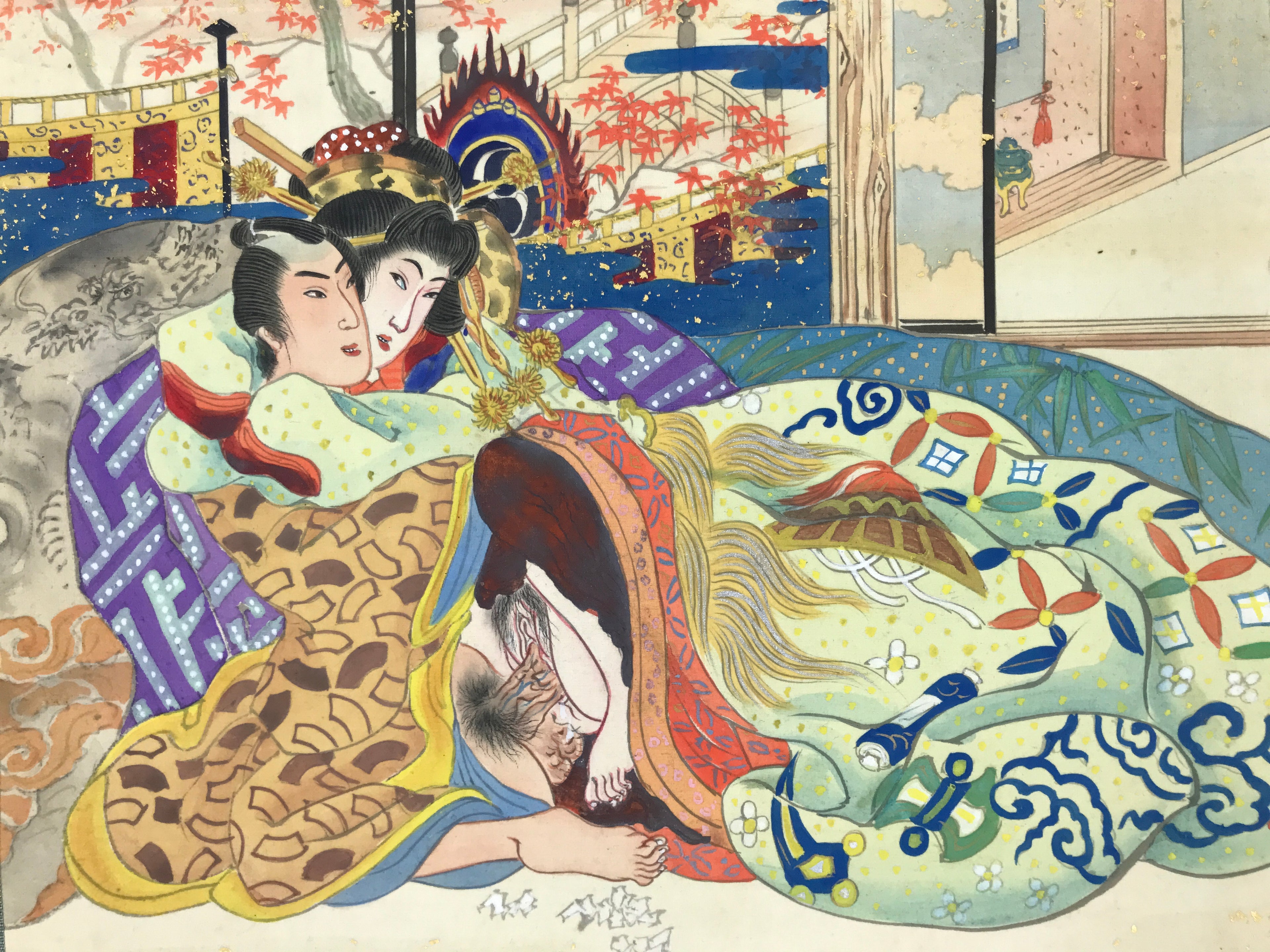Japanese Shunga Art Vtg Handpainted Silk Kimono Fall Momiji Indoor FL503