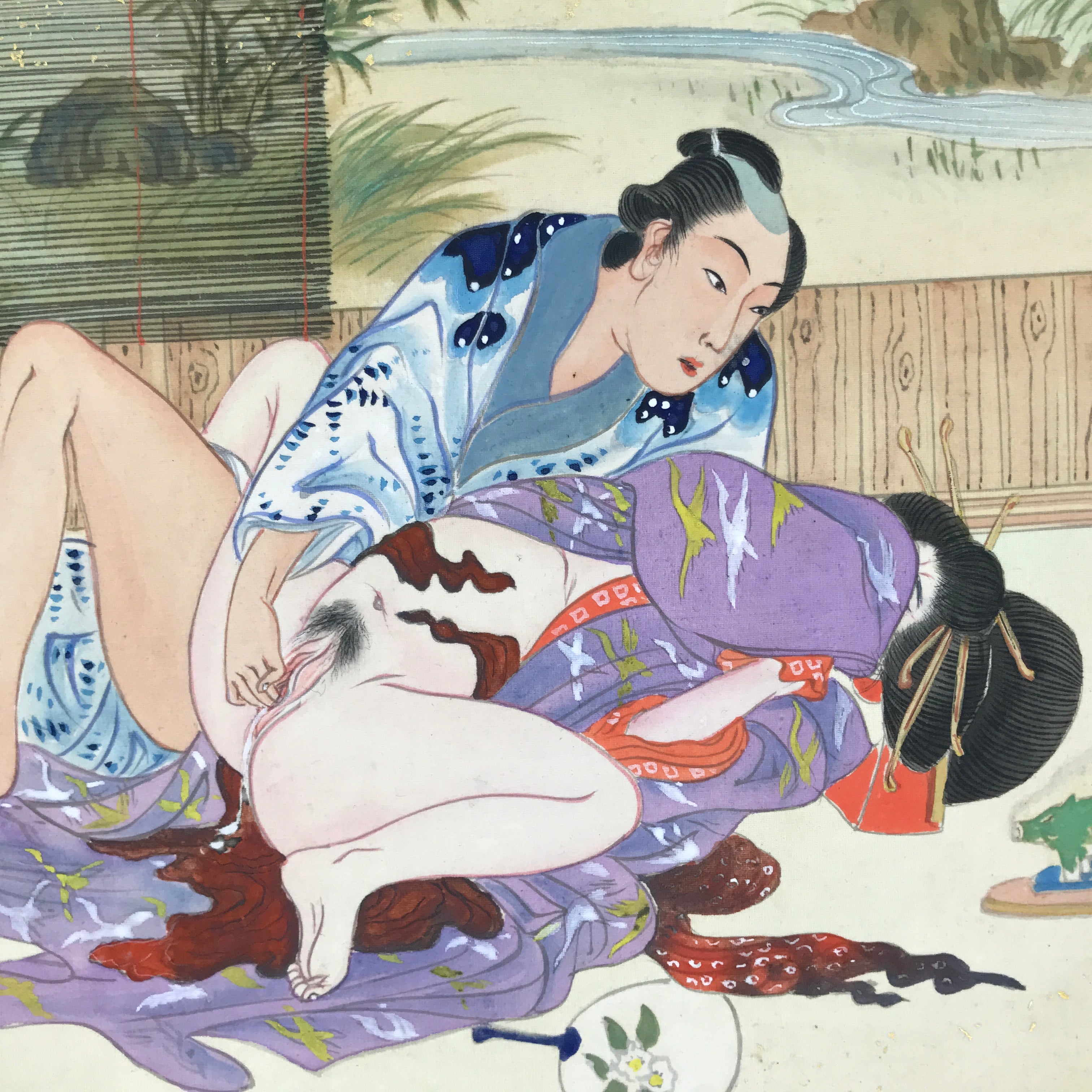 Japanese Shunga Art Vtg Handpainted Silk Kimono Garden Summer FL507
