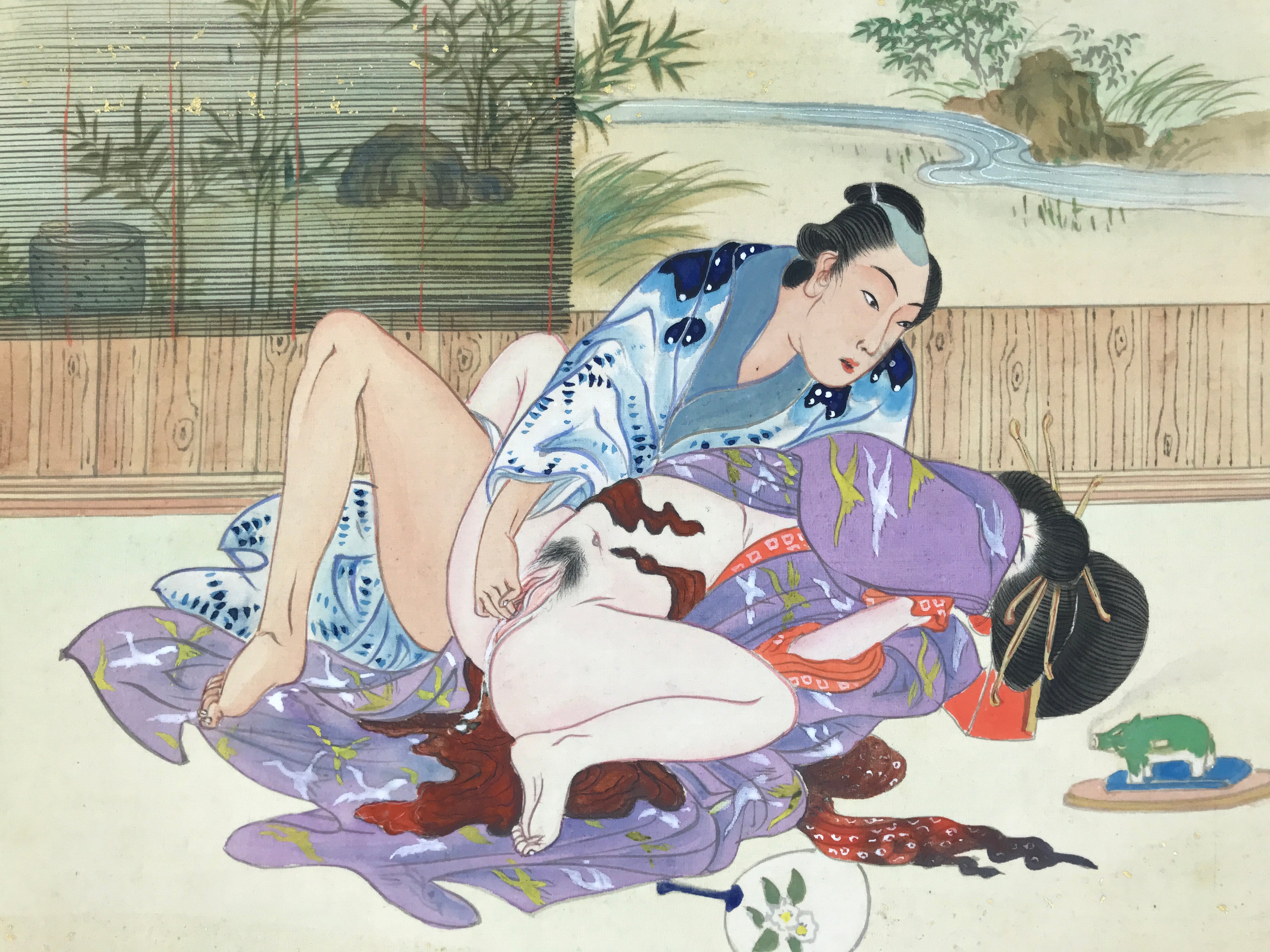 Japanese Shunga Art Vtg Handpainted Silk Kimono Garden Summer FL507