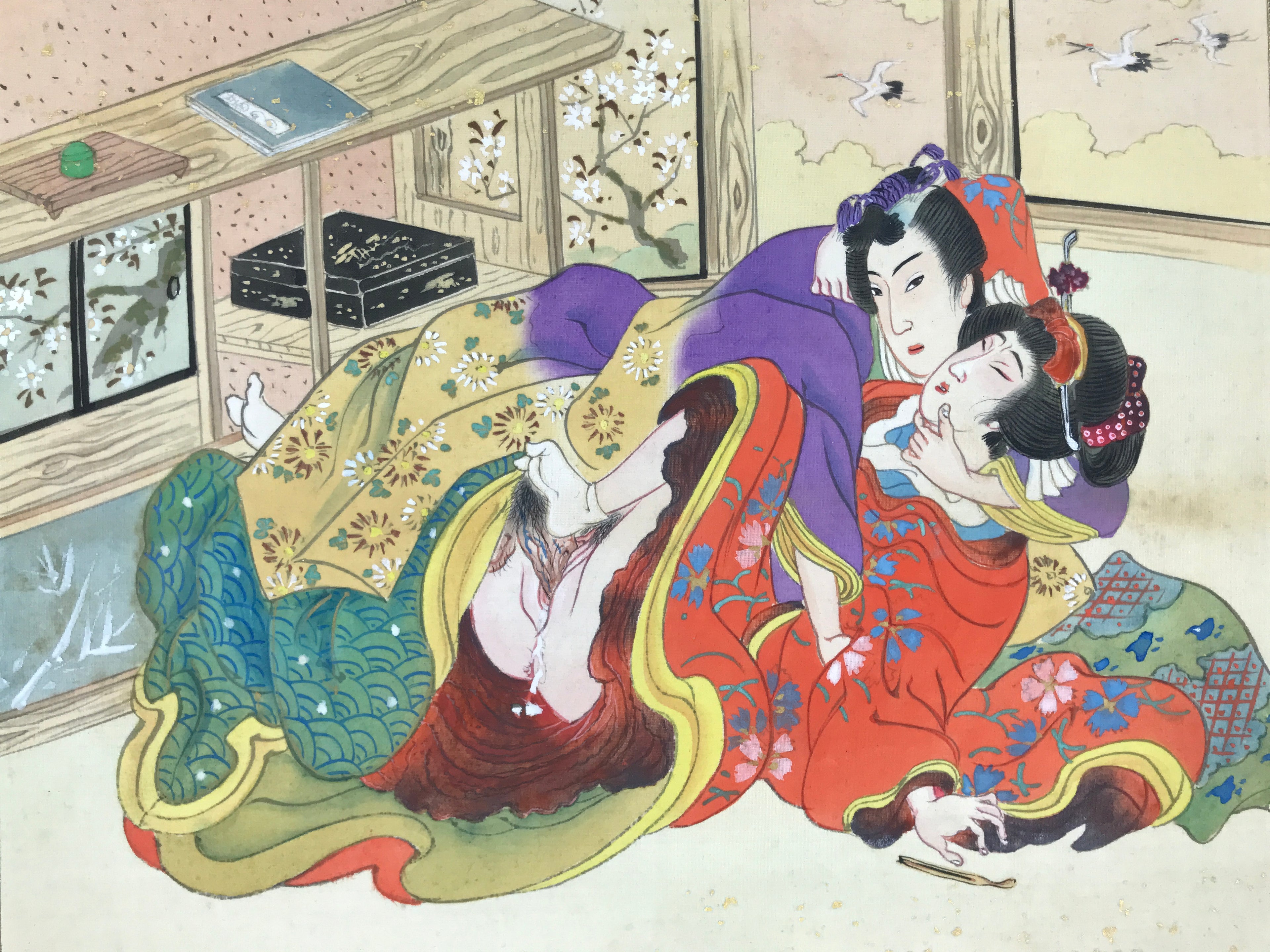 Japanese Shunga Art Vtg Handpainted Silk Kimono Indoor Cranes FL510