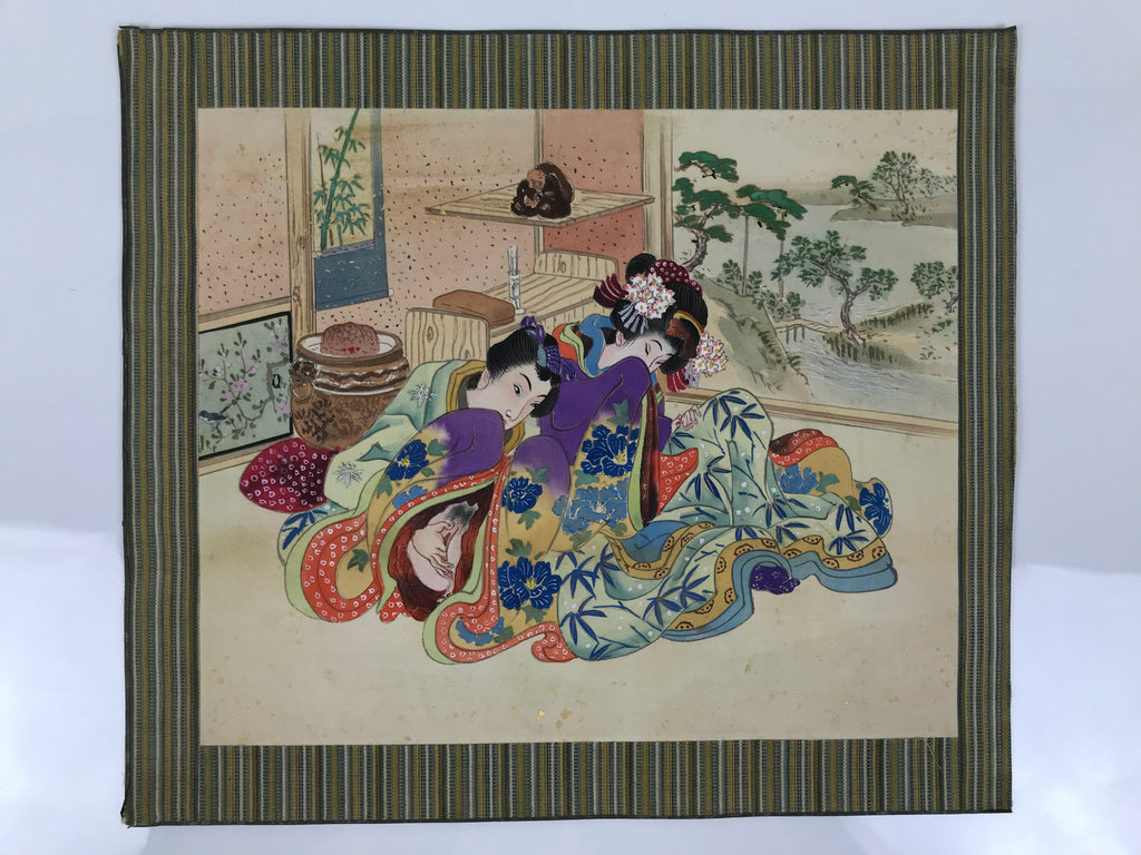 Japanese Shunga Art Vtg Handpainted Silk Kimono Indoor Garden View FL511
