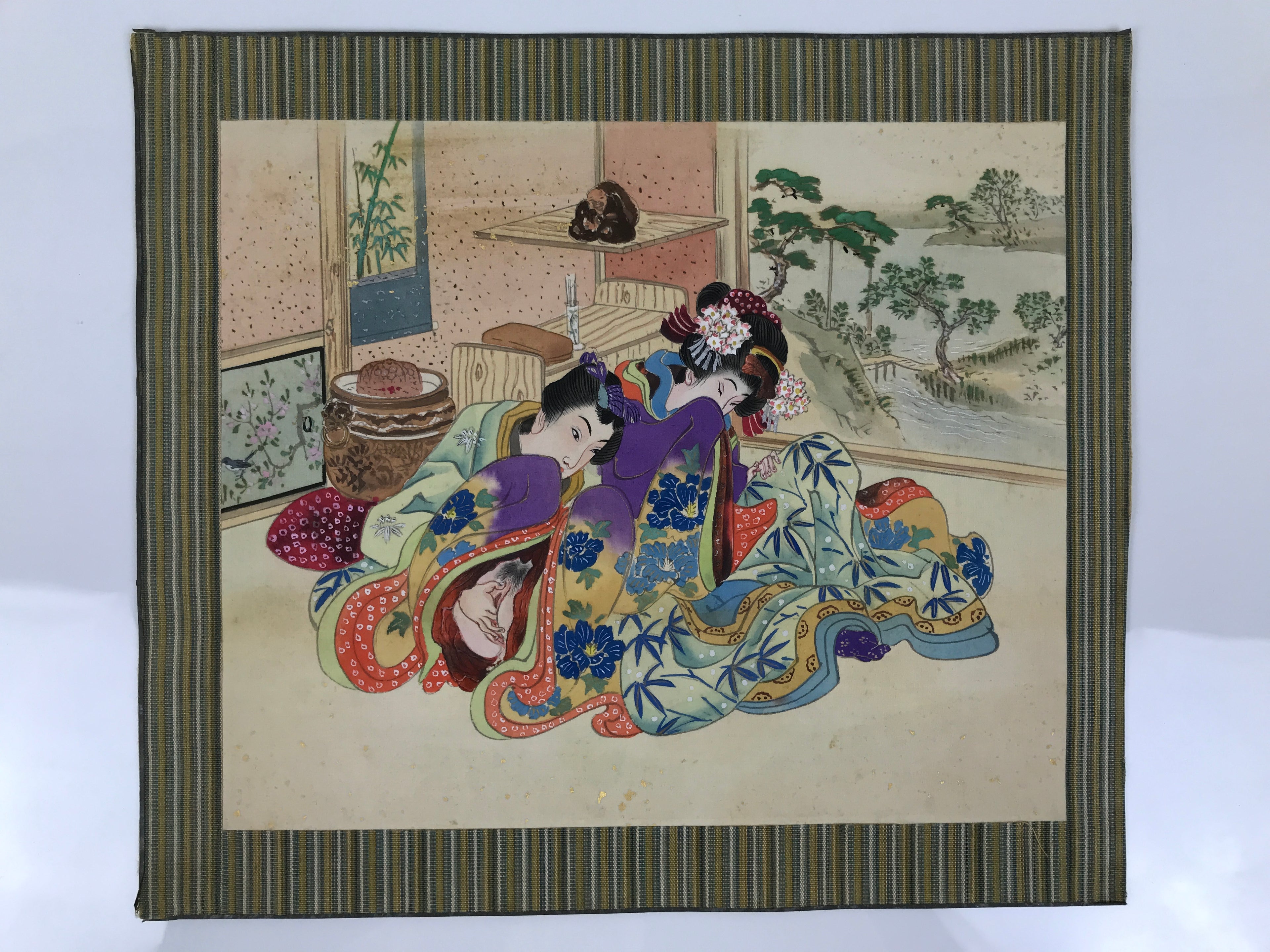 Japanese Shunga Art Vtg Handpainted Silk Kimono Indoor Garden View FL511