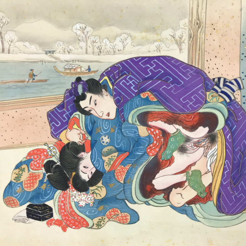 Japanese Shunga Art Vtg Handpainted Silk Kimono River Boat Winter FL501