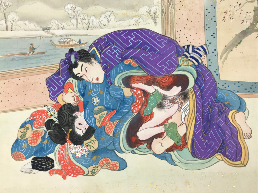 Japanese Shunga Art Vtg Handpainted Silk Kimono River Boat Winter FL501