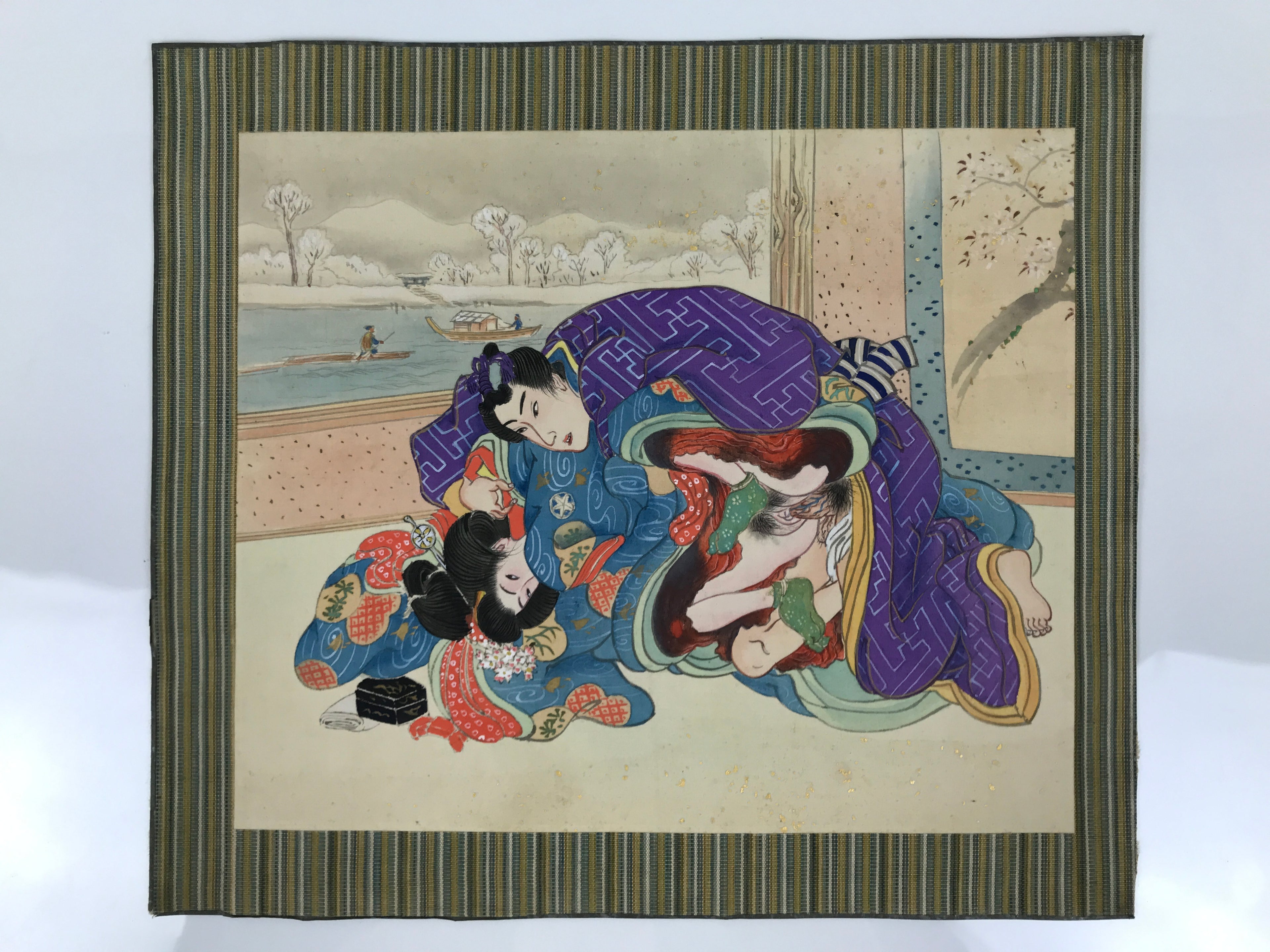 Japanese Shunga Art Vtg Handpainted Silk Kimono River Boat Winter FL501
