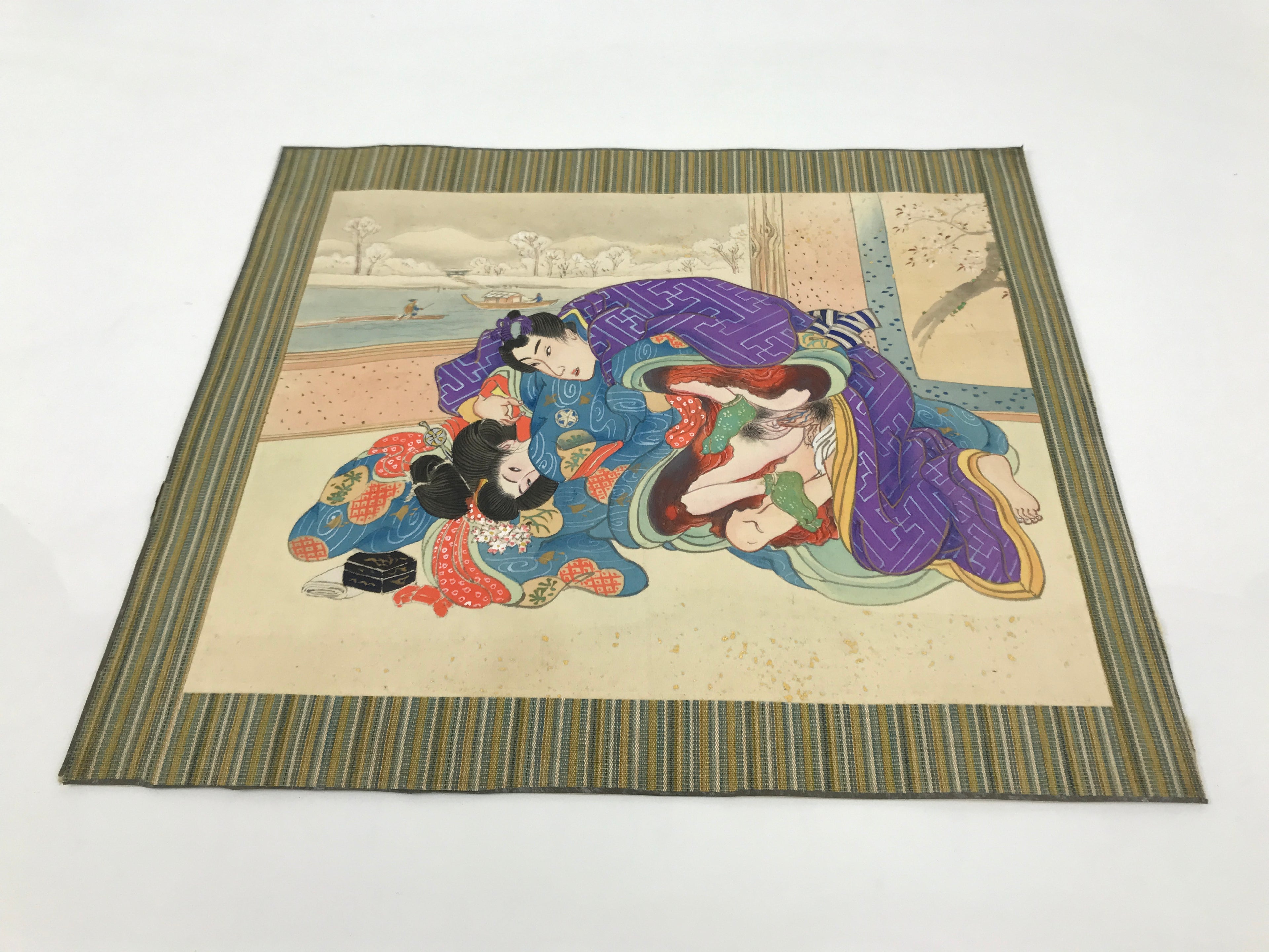 Japanese Shunga Art Vtg Handpainted Silk Kimono River Boat Winter FL501