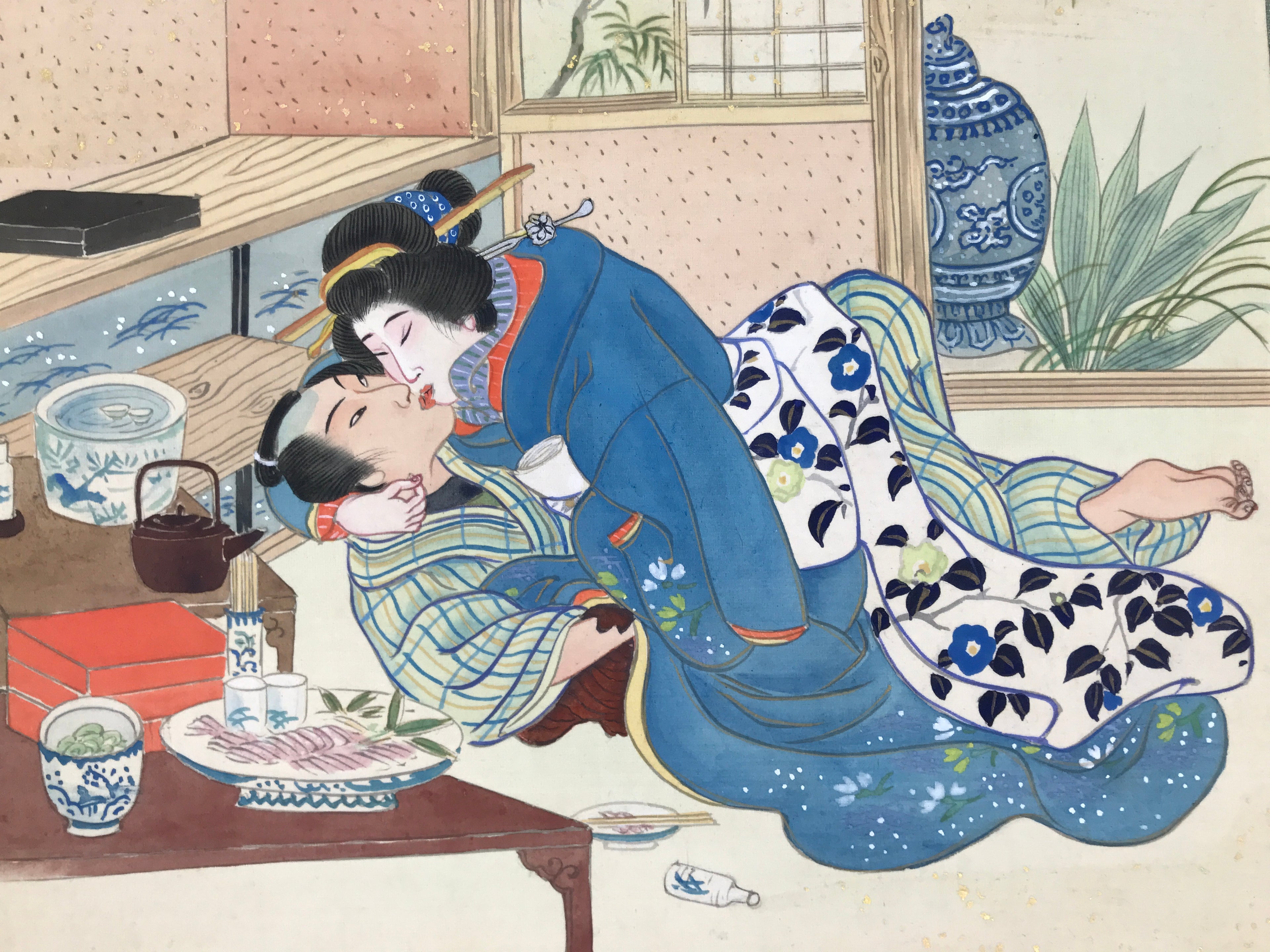 Japanese Shunga Art Vtg Handpainted Silk Kimono Sashimi Jubako FL505