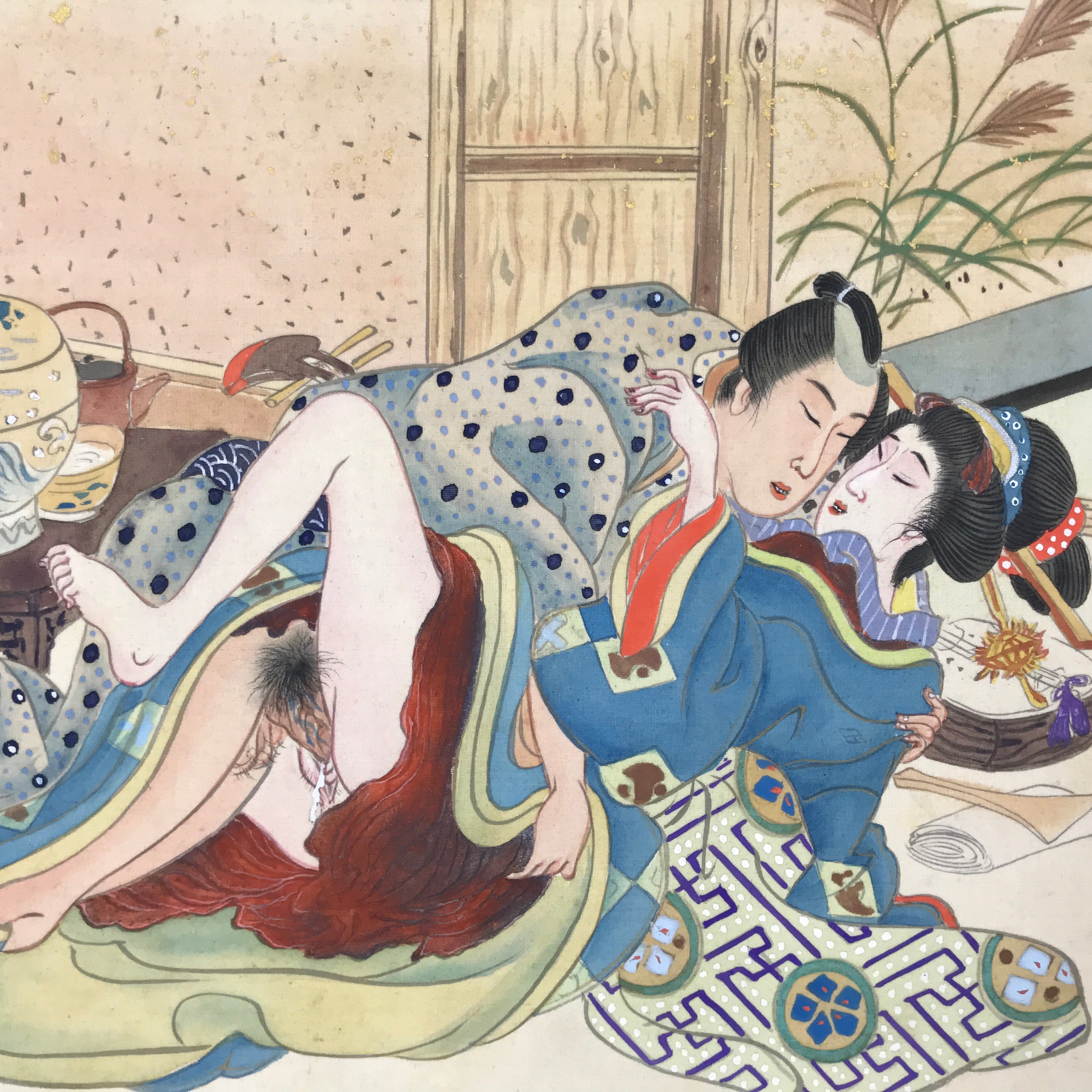 Japanese Shunga Art Vtg Handpainted Silk Kimono Tea Ceremony FL504
